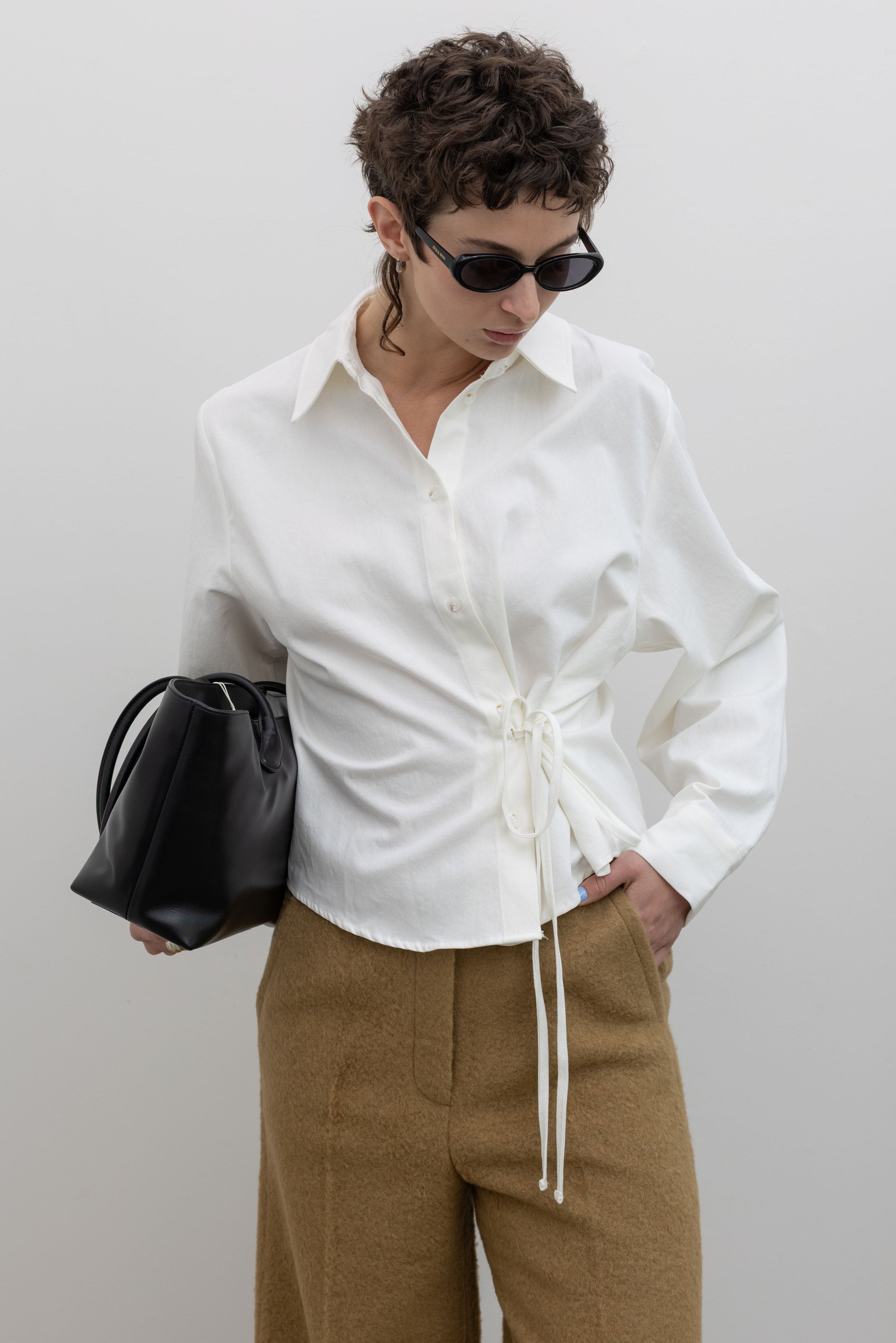 Alas Eius white cotton side tie button down top, front view