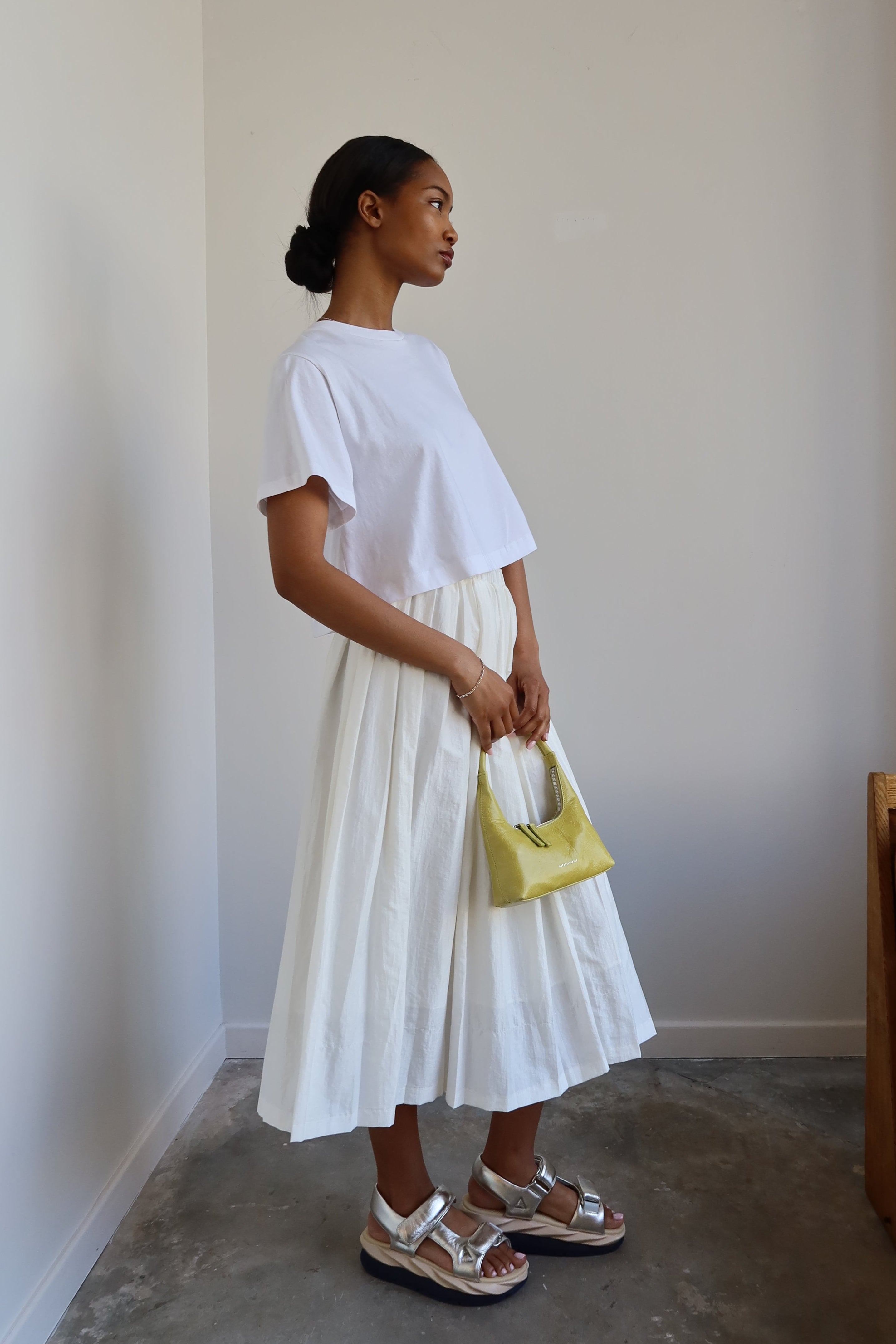 White Nylon Pleated Midi Skirt
