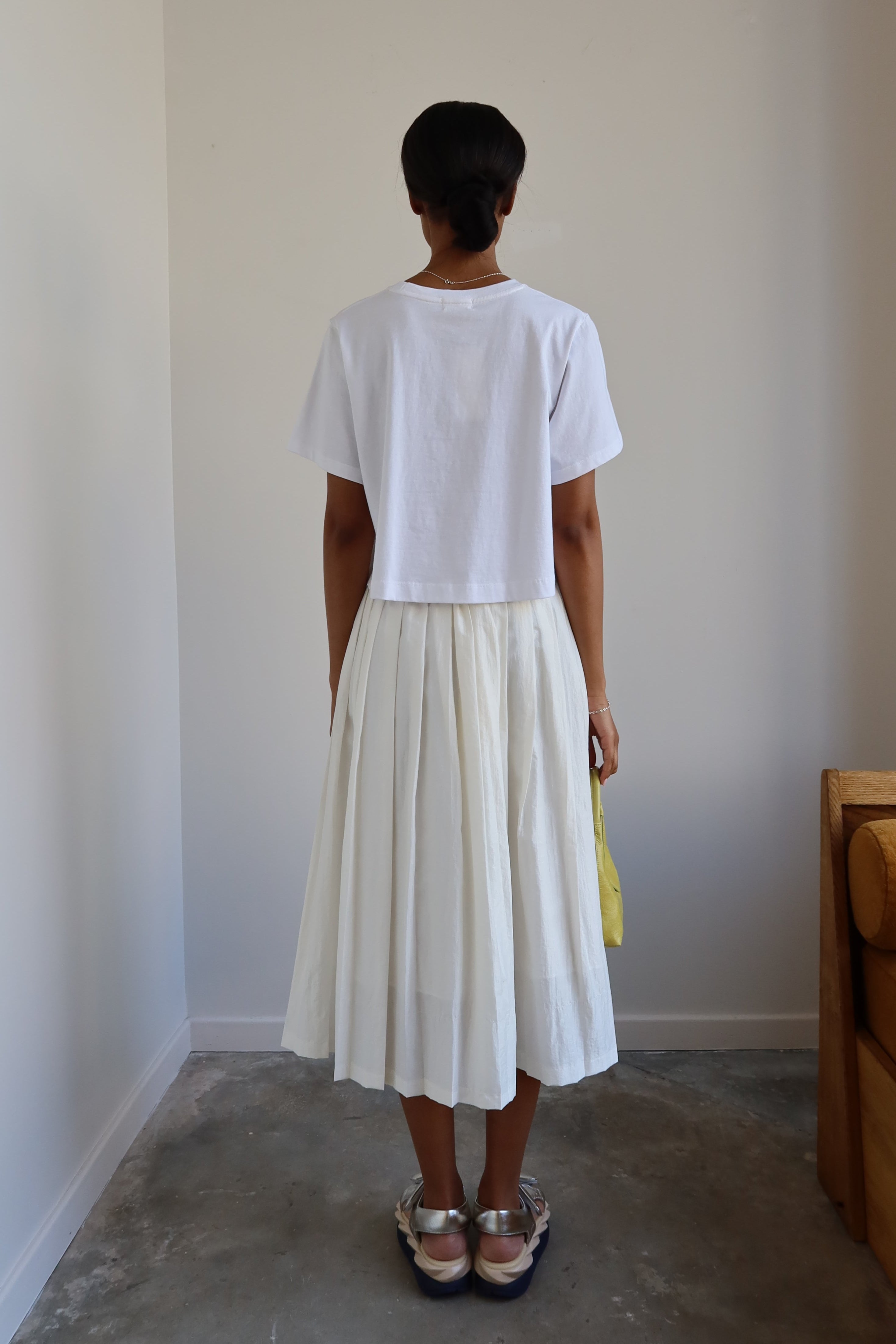 White Nylon Pleated Midi Skirt