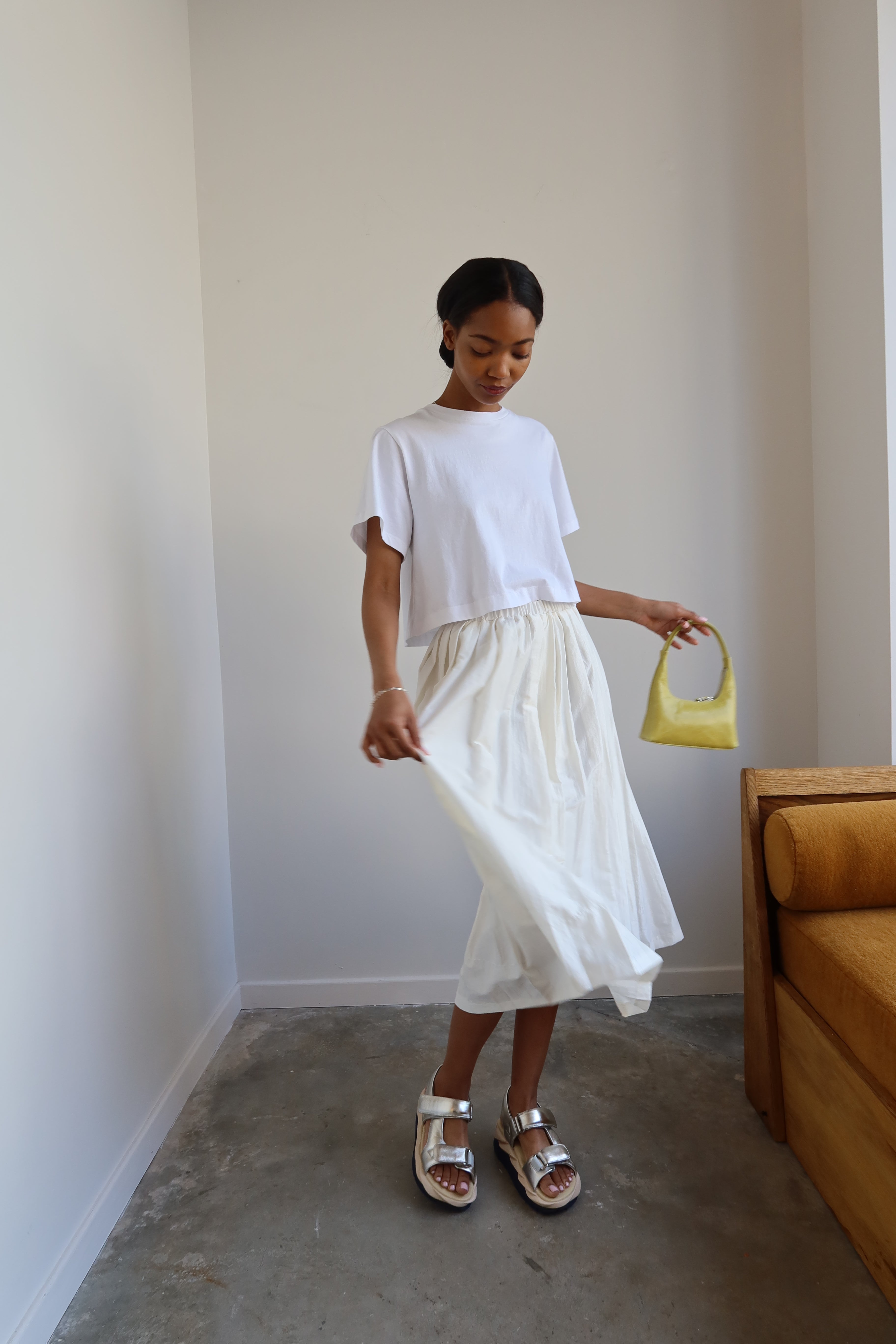White Nylon Pleated Midi Skirt