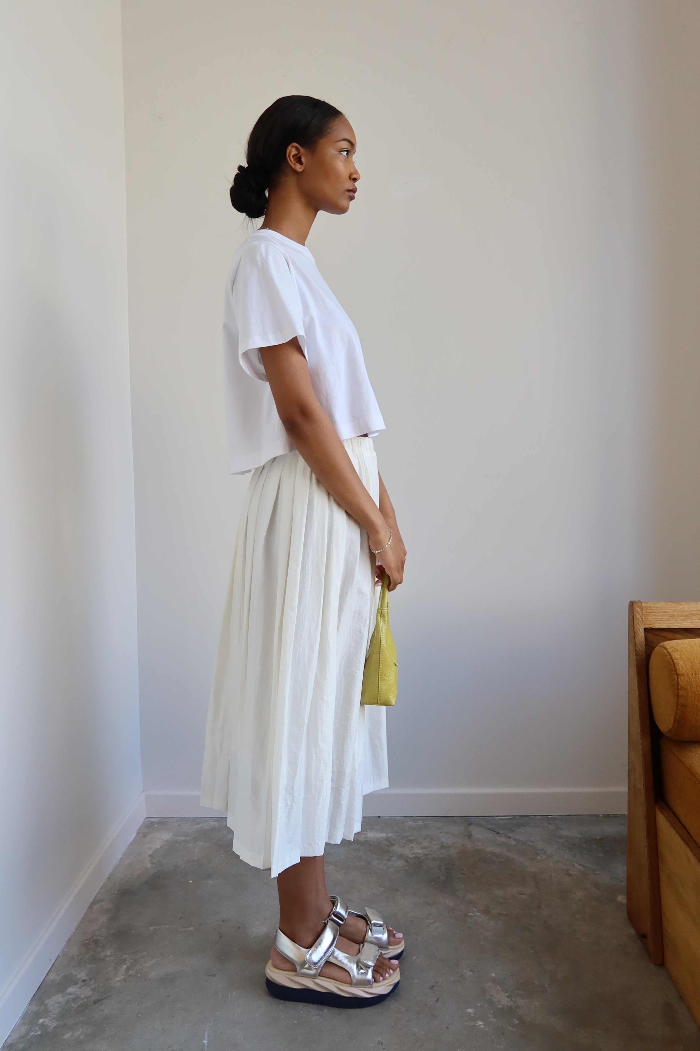 White Nylon Pleated Midi Skirt