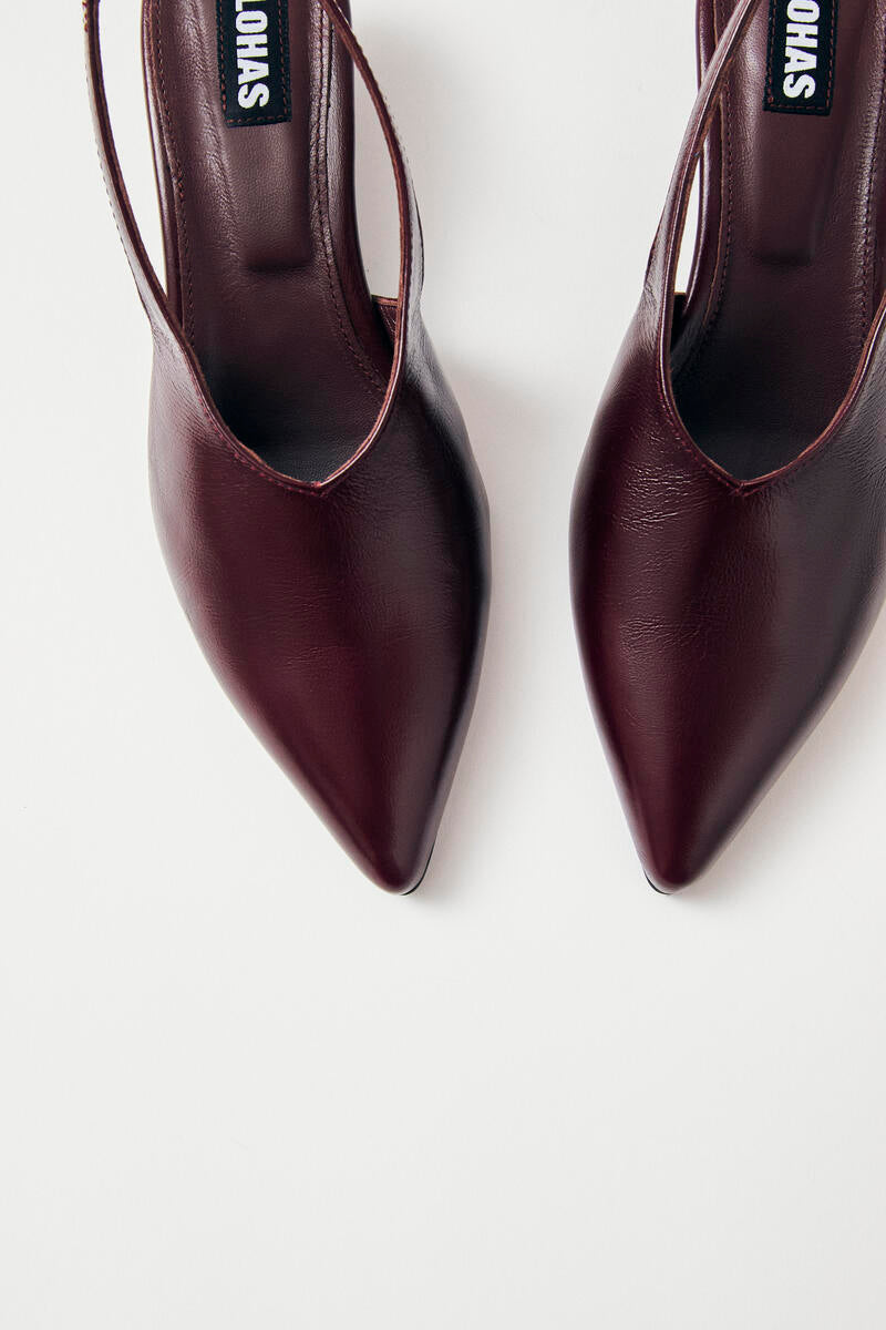 Close-up of Alohas burgundy crinkle leather pointed-toe pump with low heel and sleek minimal construction at Alas Eius 
