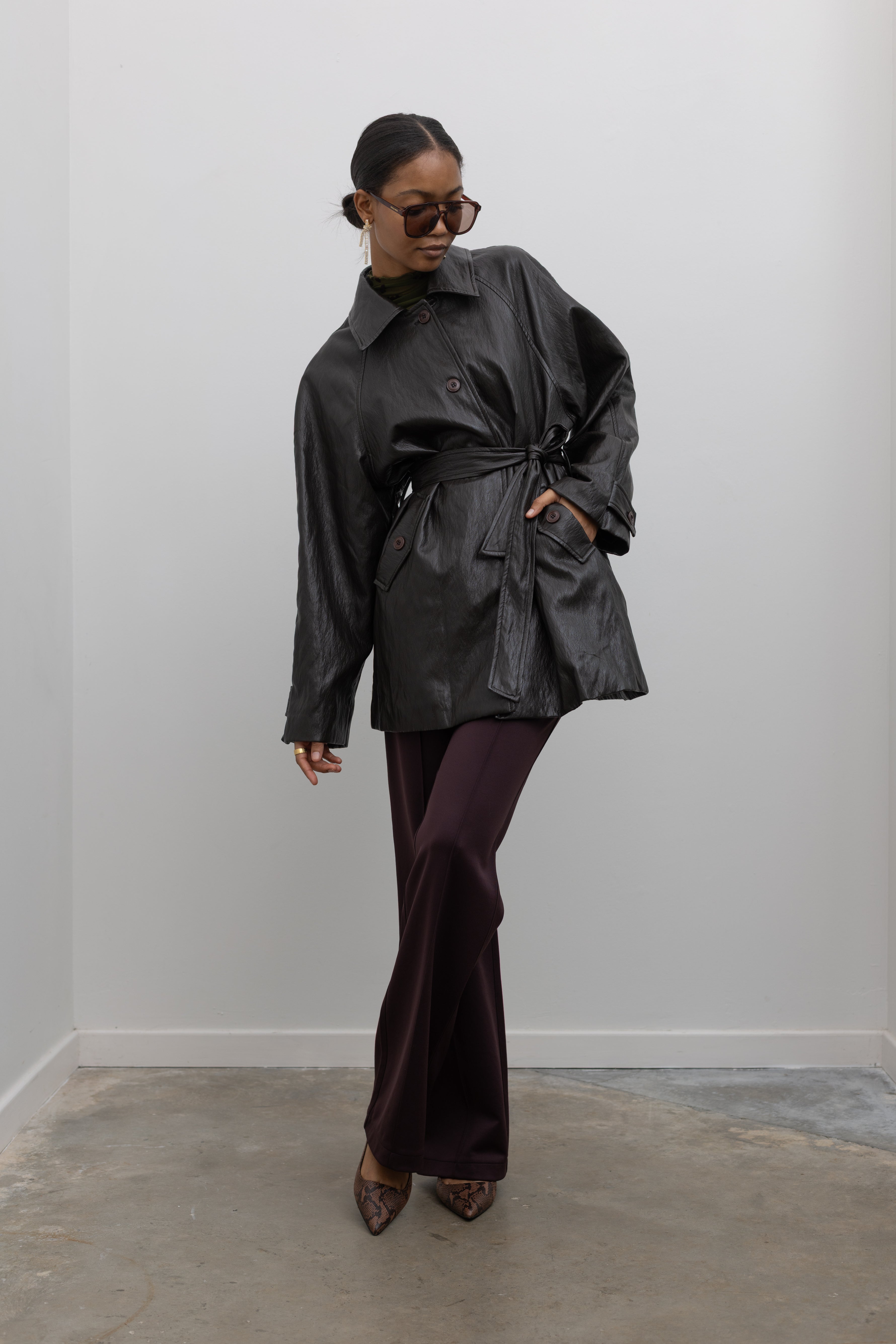 Dark Brown Long Belted Vegan Leather Jacket