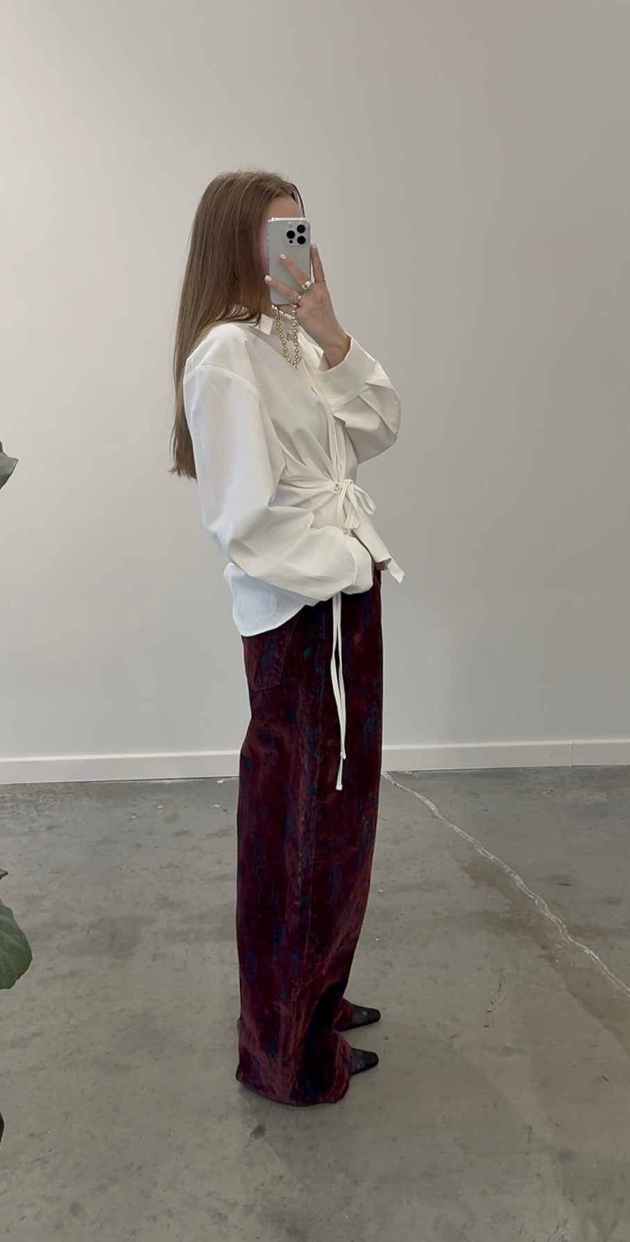 Burgundy Distressed Velvet Wide Leg Jeans
