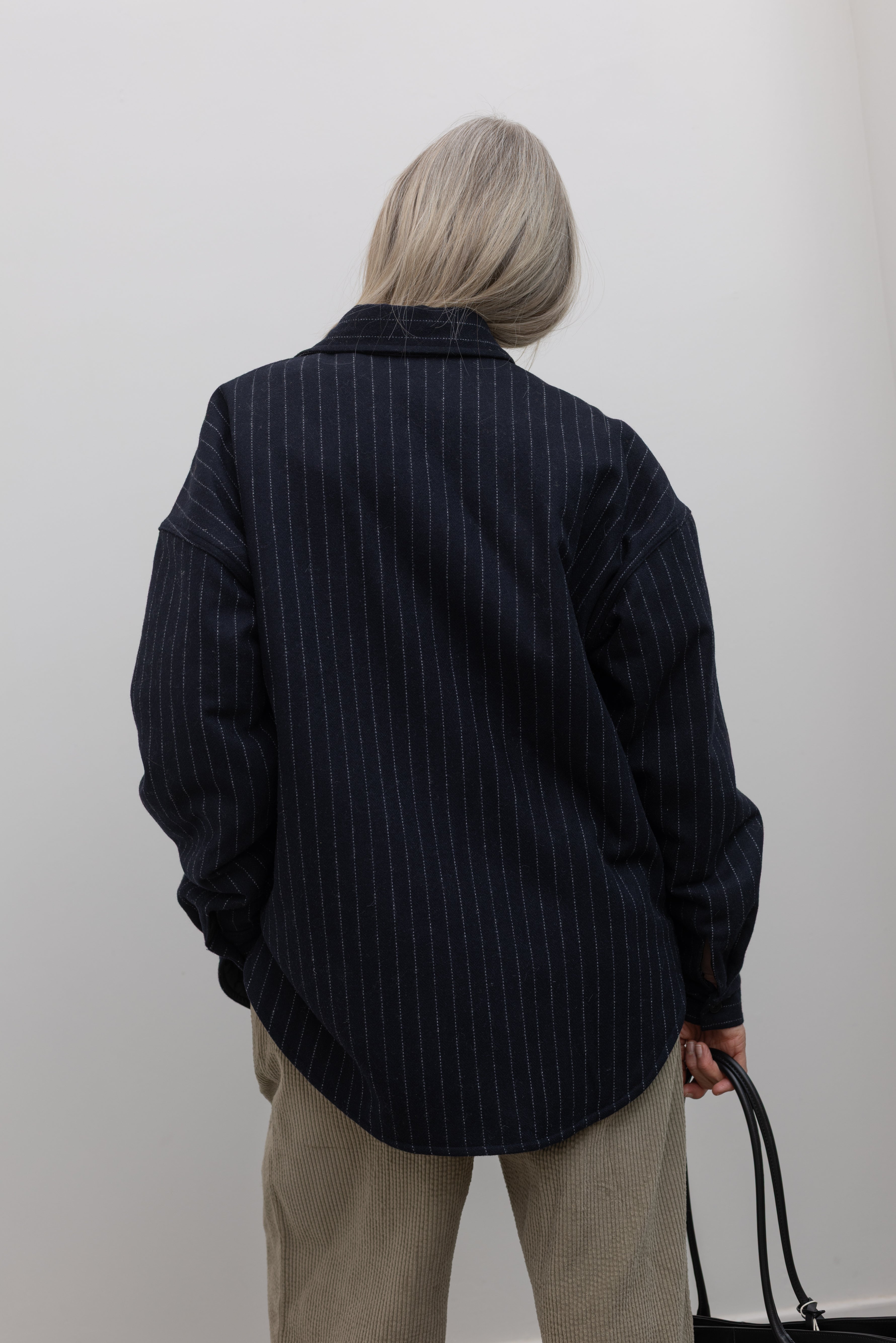 Navy Wool Stripe Quilted Oversized Jacket