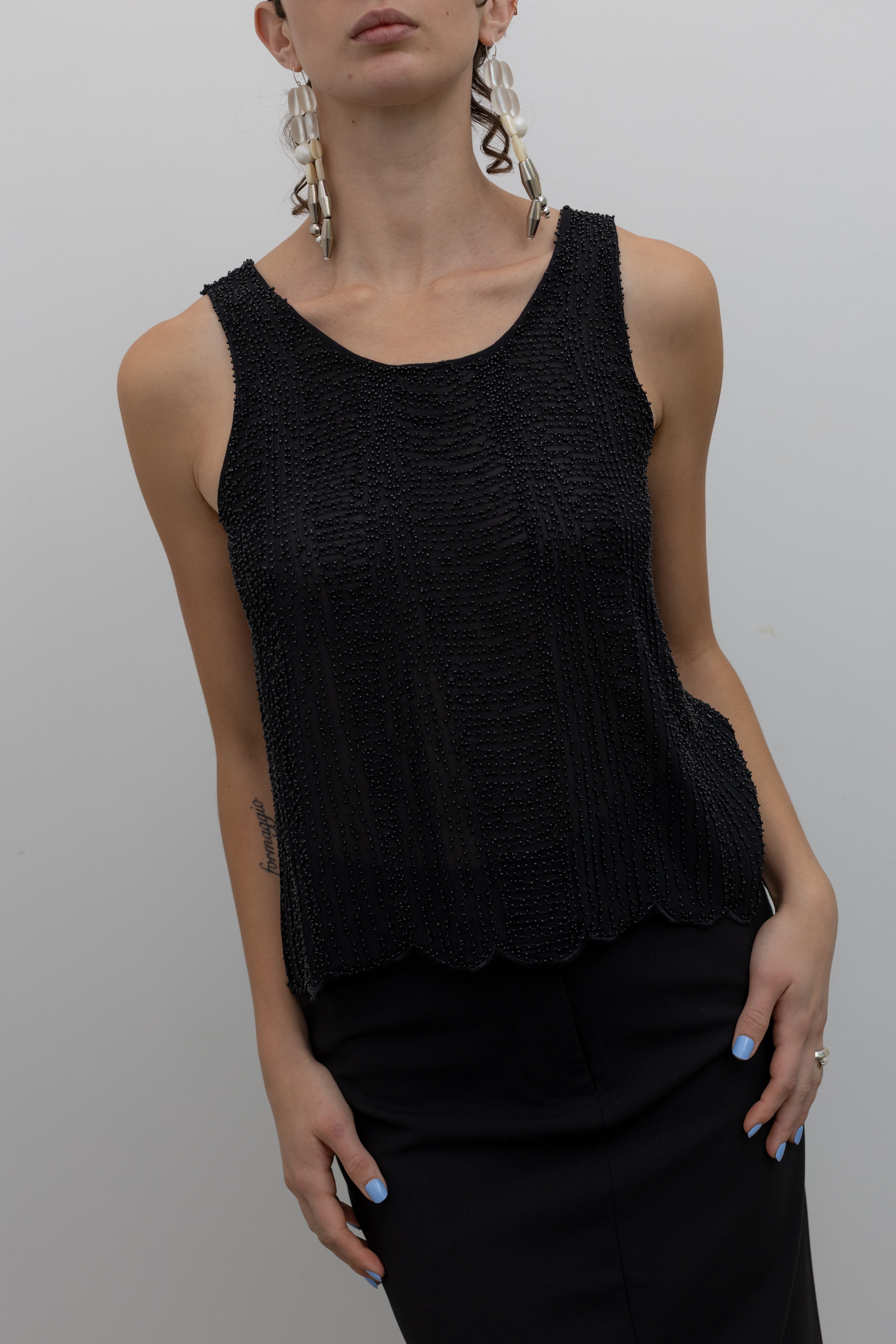 Black Beaded Scallop Hem Top