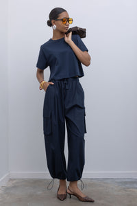 Navy Wide Leg Cotton Cargo Pants