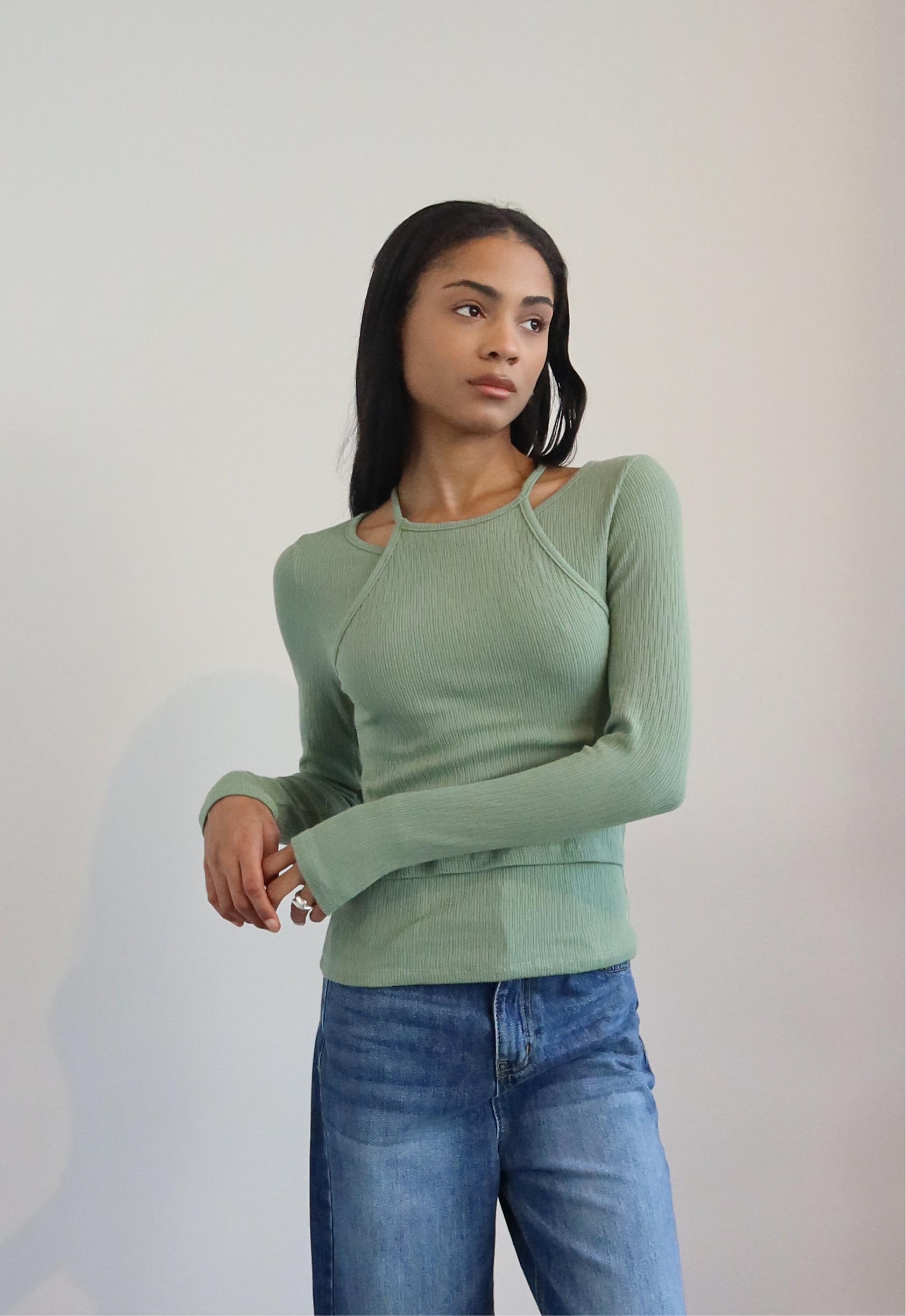 Green Layered Long Sleeve Top