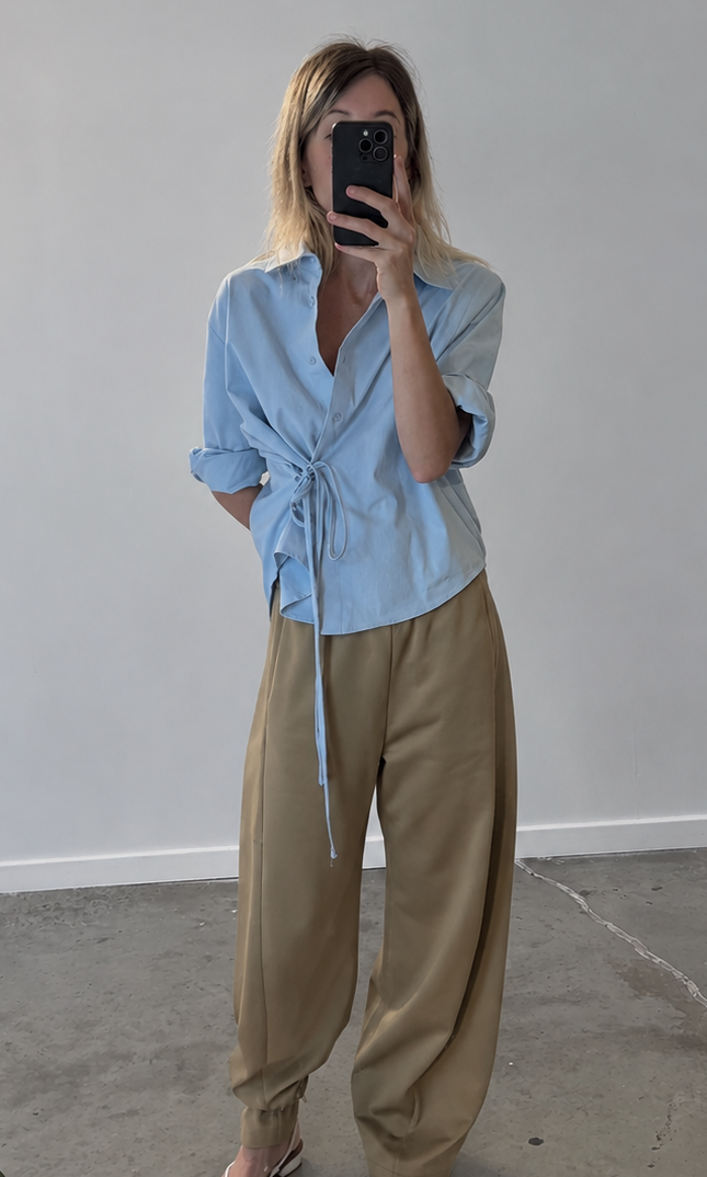 Skyblue Cotton Side Tie Button Down Top