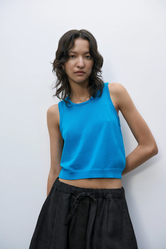 Blue Cotton Ribbed Cropped Knit Top