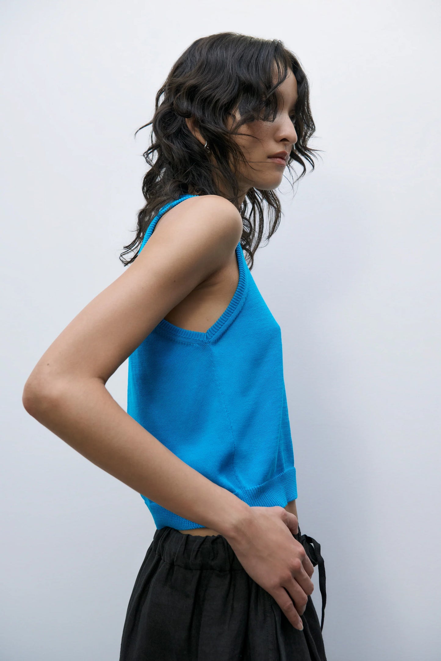 Blue Cotton Ribbed Cropped Knit Top