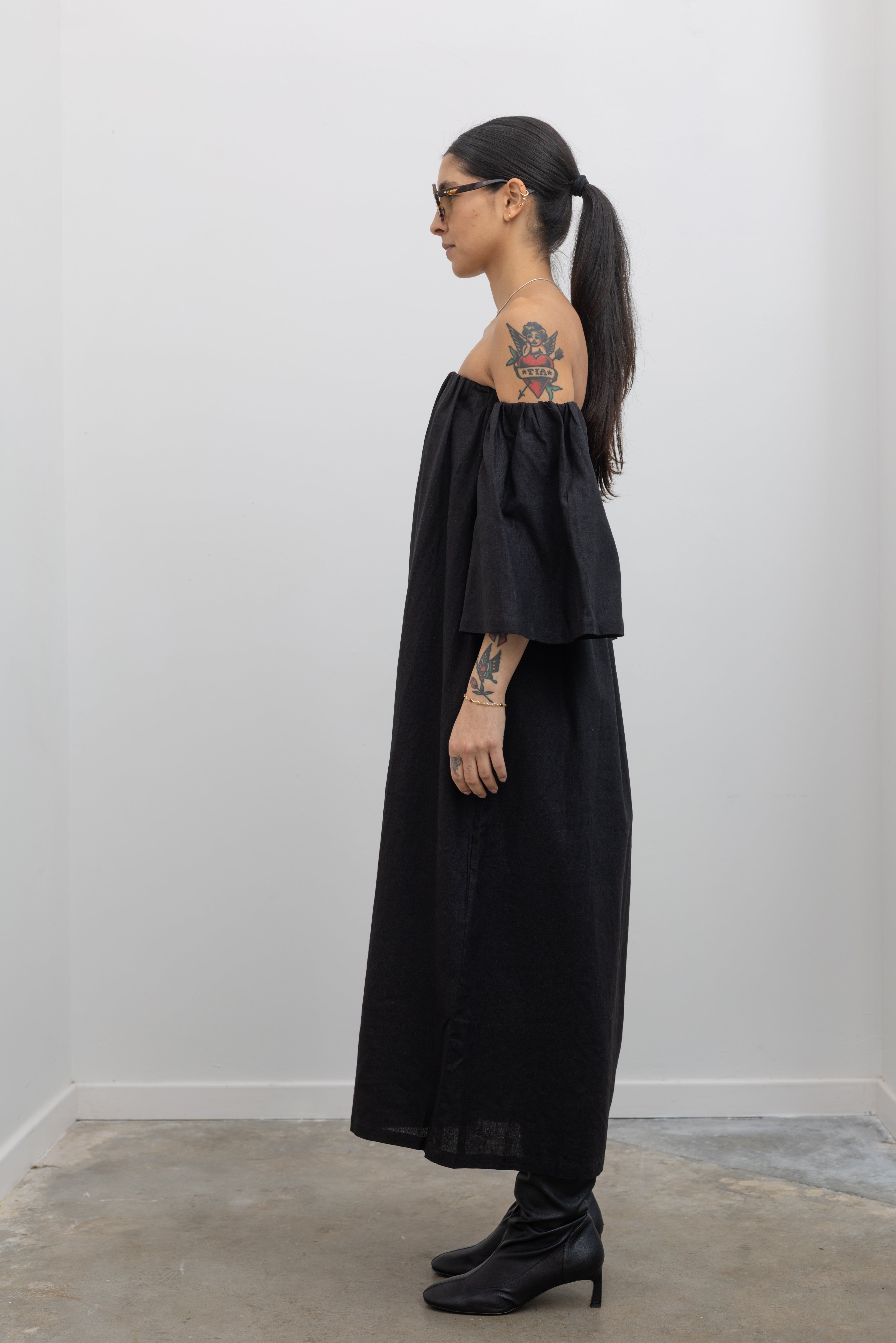 Black Linen Off The Shoulder Midi Dress