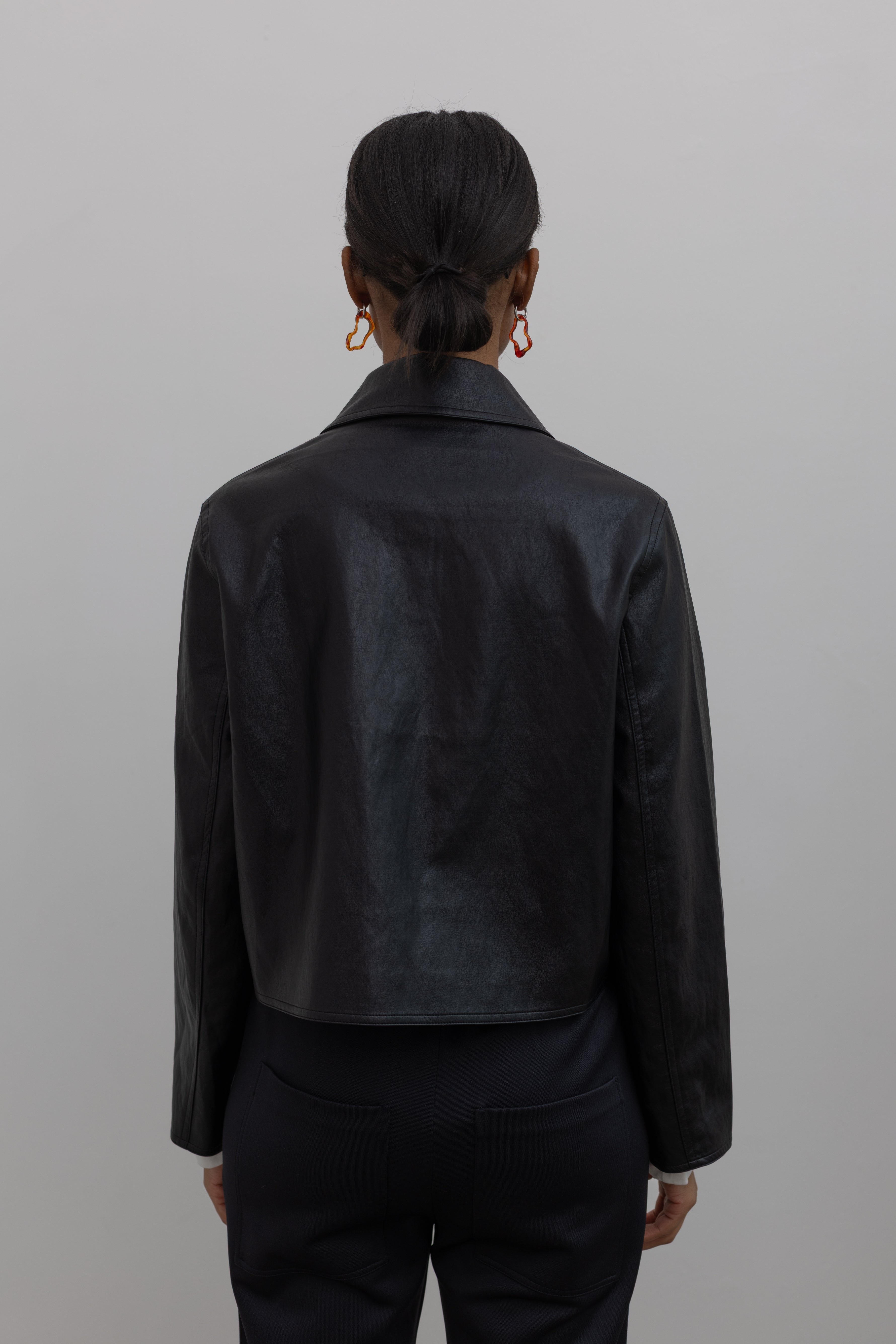 Black Cropped Vegan Leather Collared Jacket