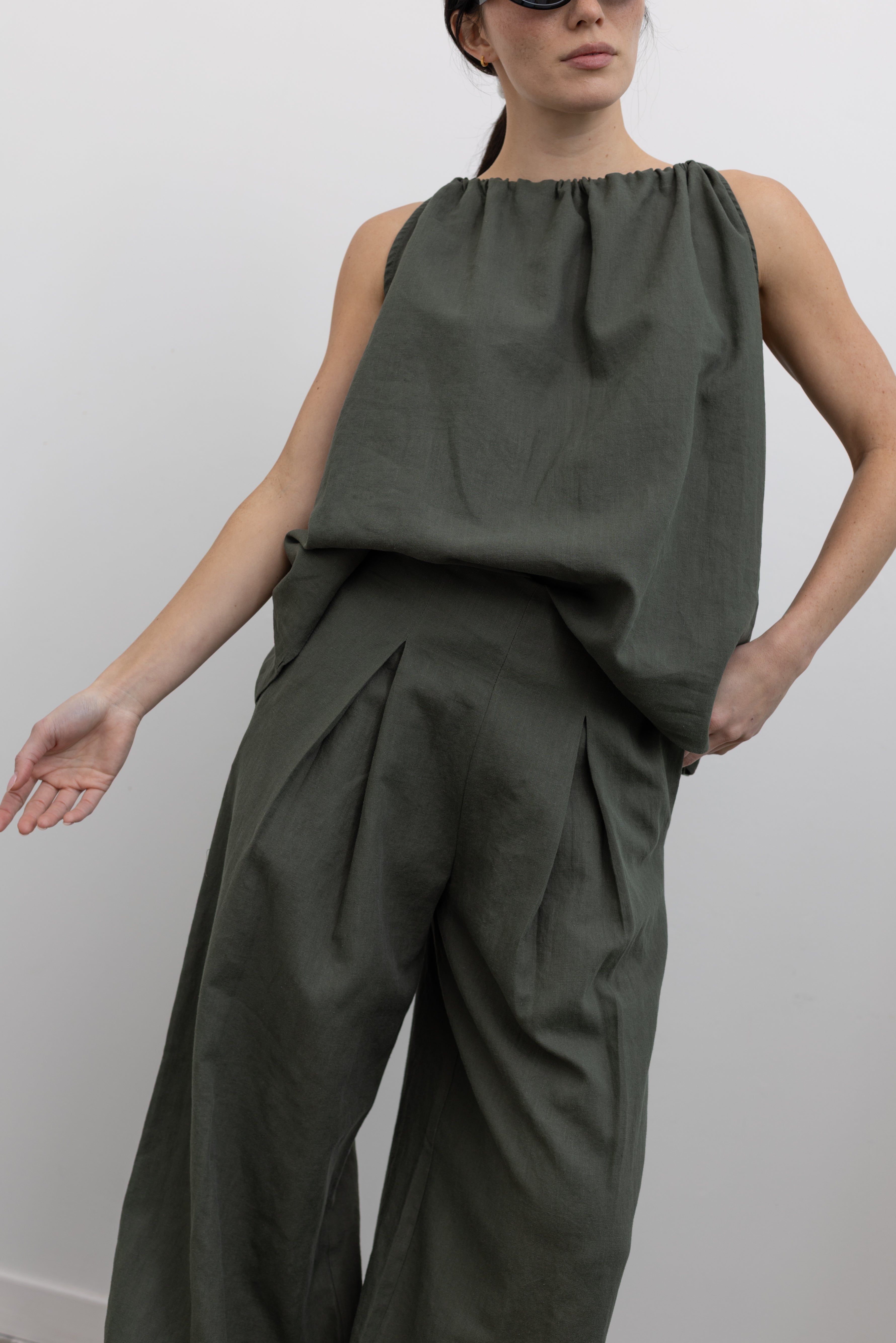Olive Green Wide Leg Pleated Cotton Pants