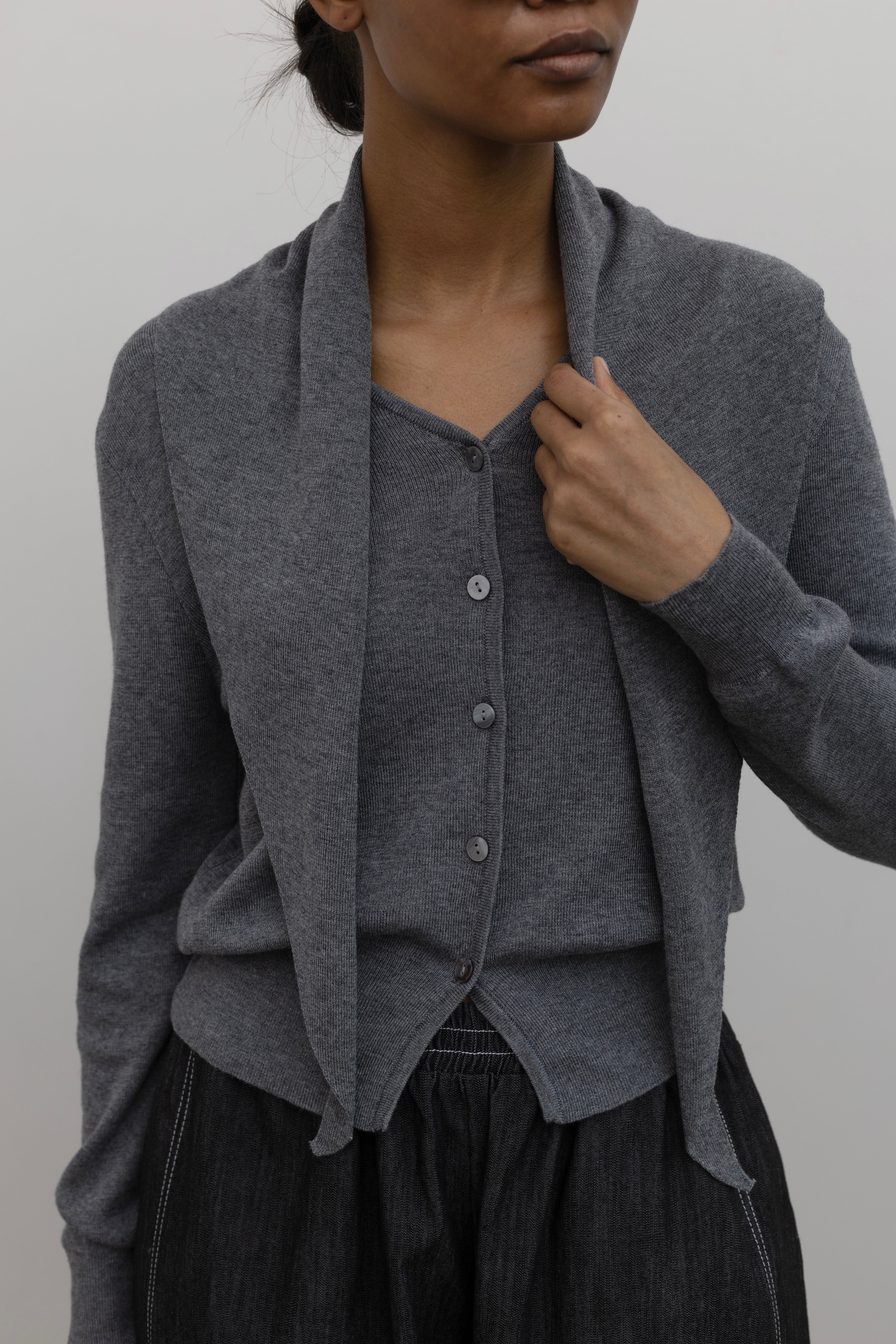 Grey V-Neck Cardigan with Detachable Shawl