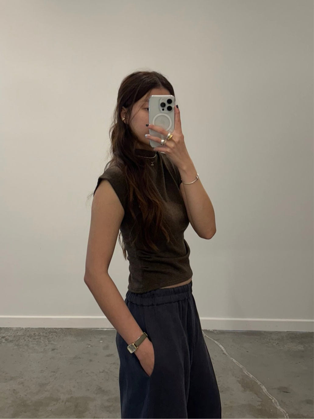 Brown Mock Neck Fitted Knit Top