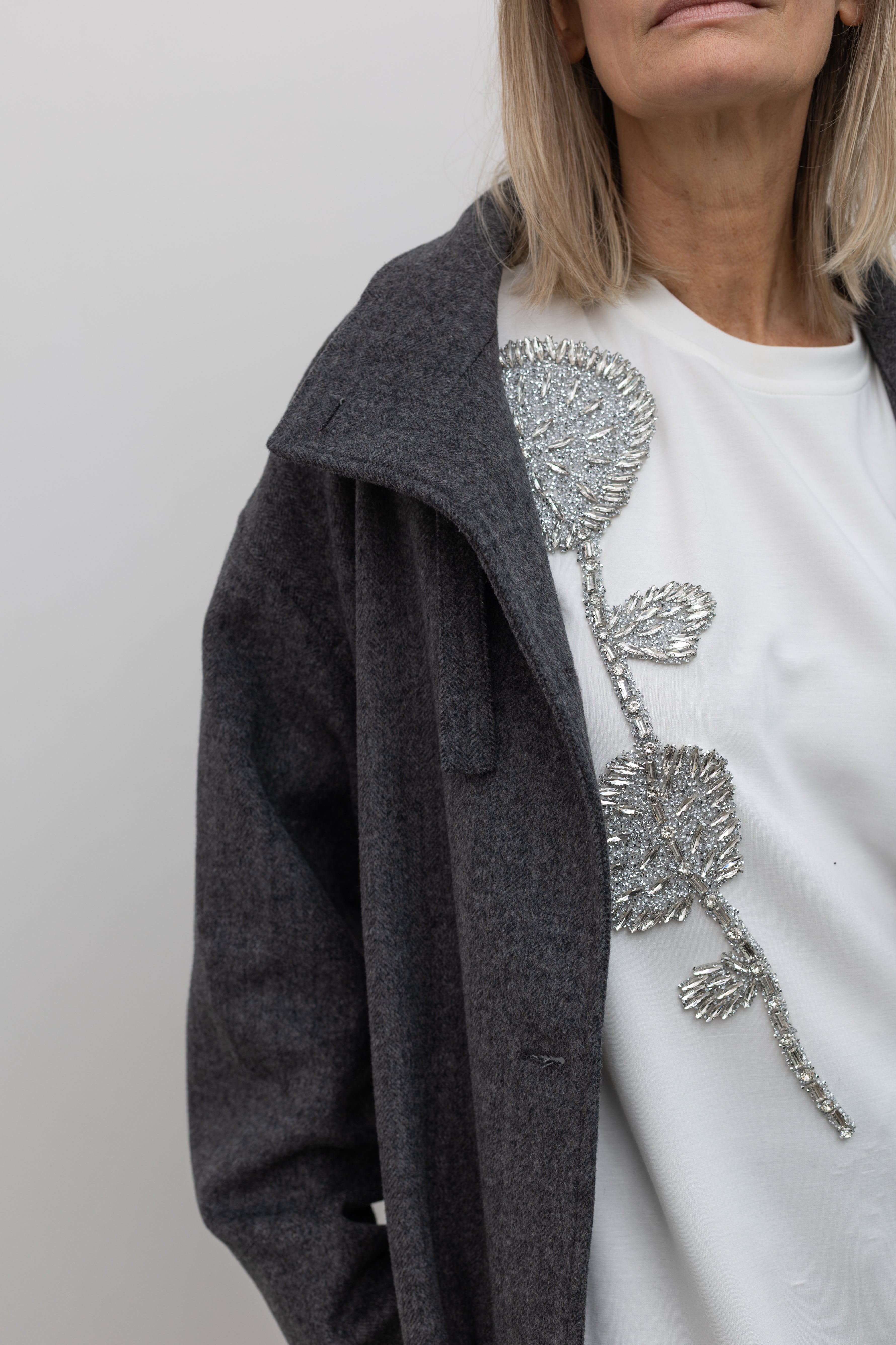 White Beaded Flower Embellished Long Top