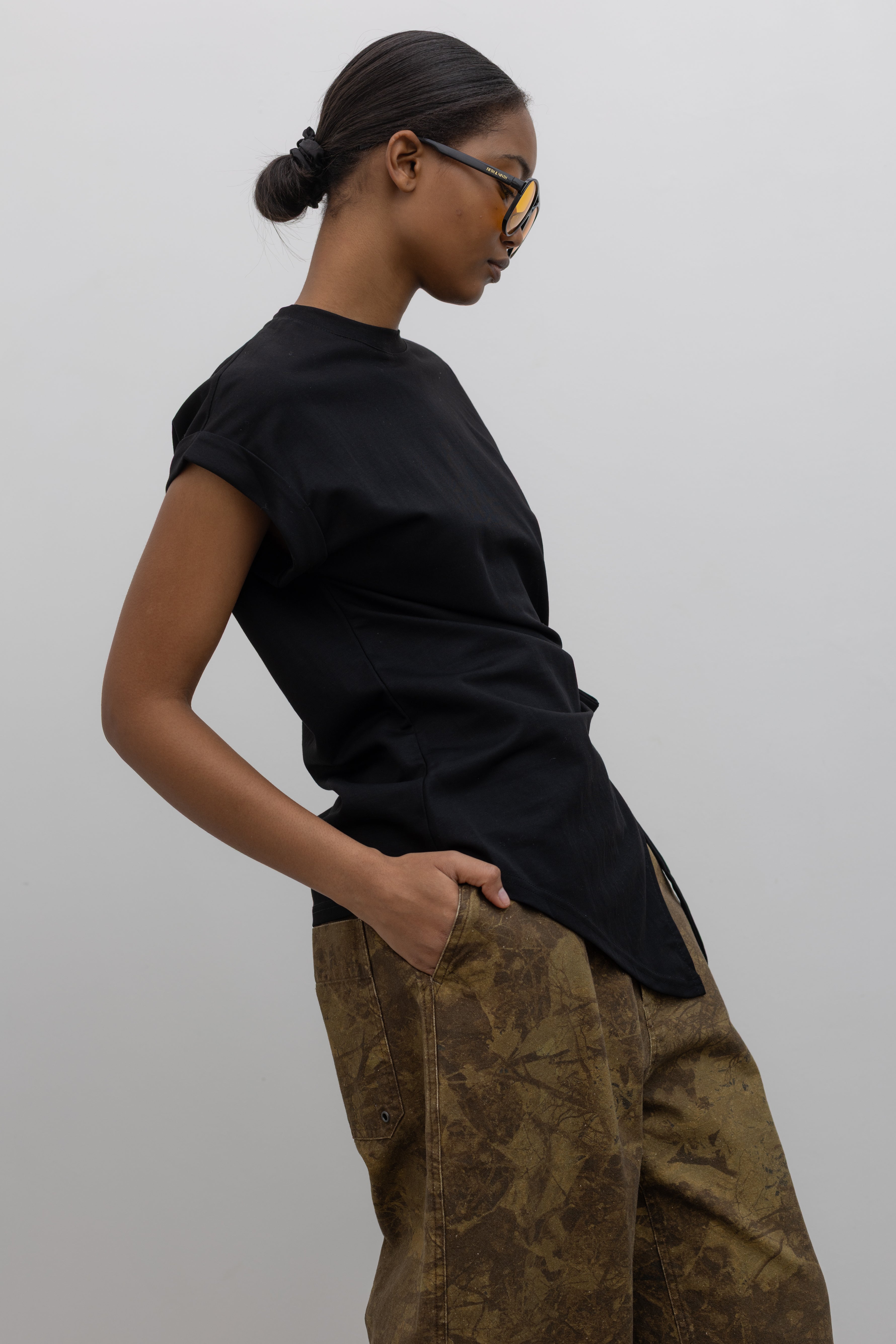 Black Drop Shoulder Ribbon Tie Top