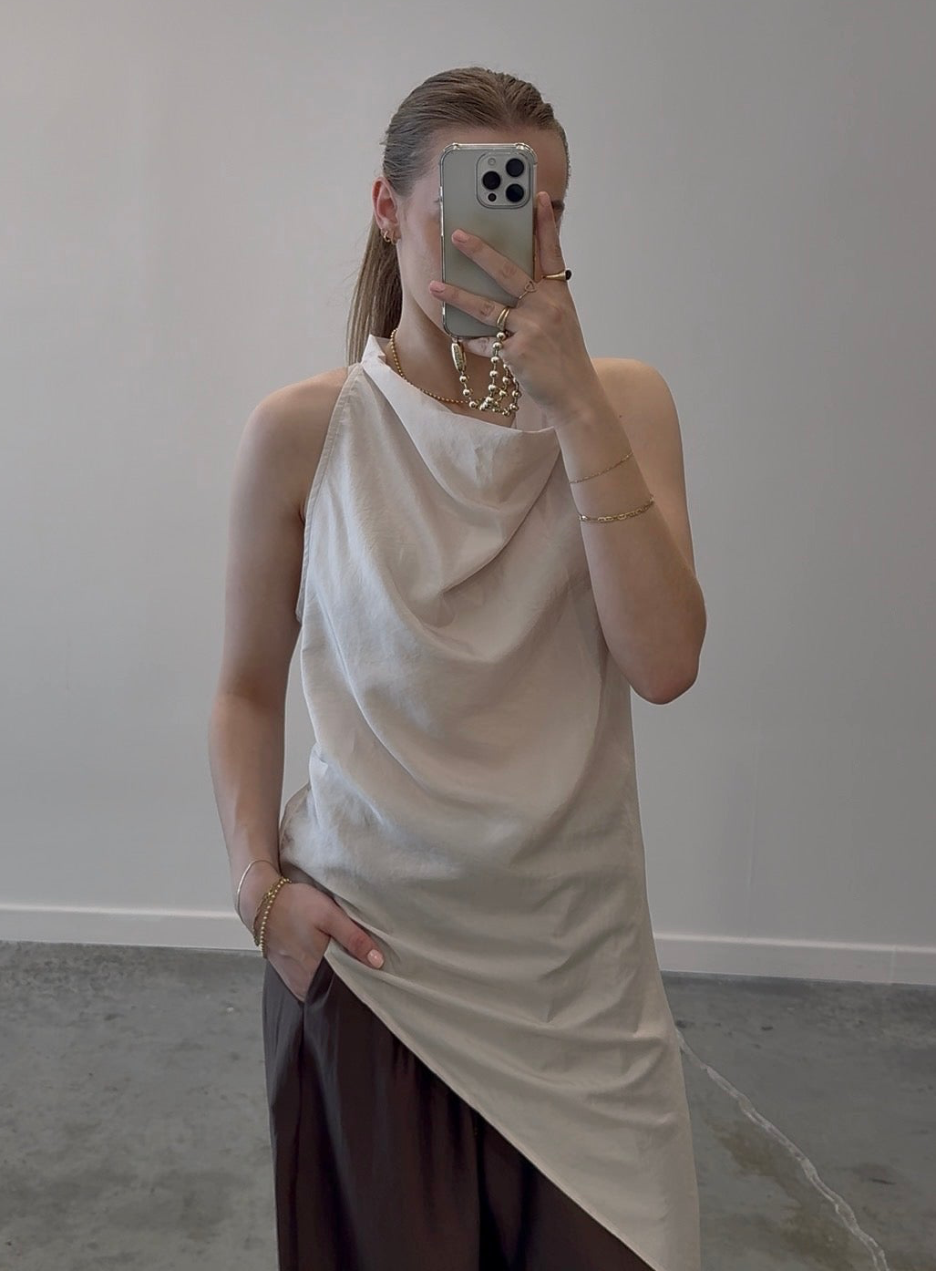 Beige Satin Cowl Asymmetrical Top