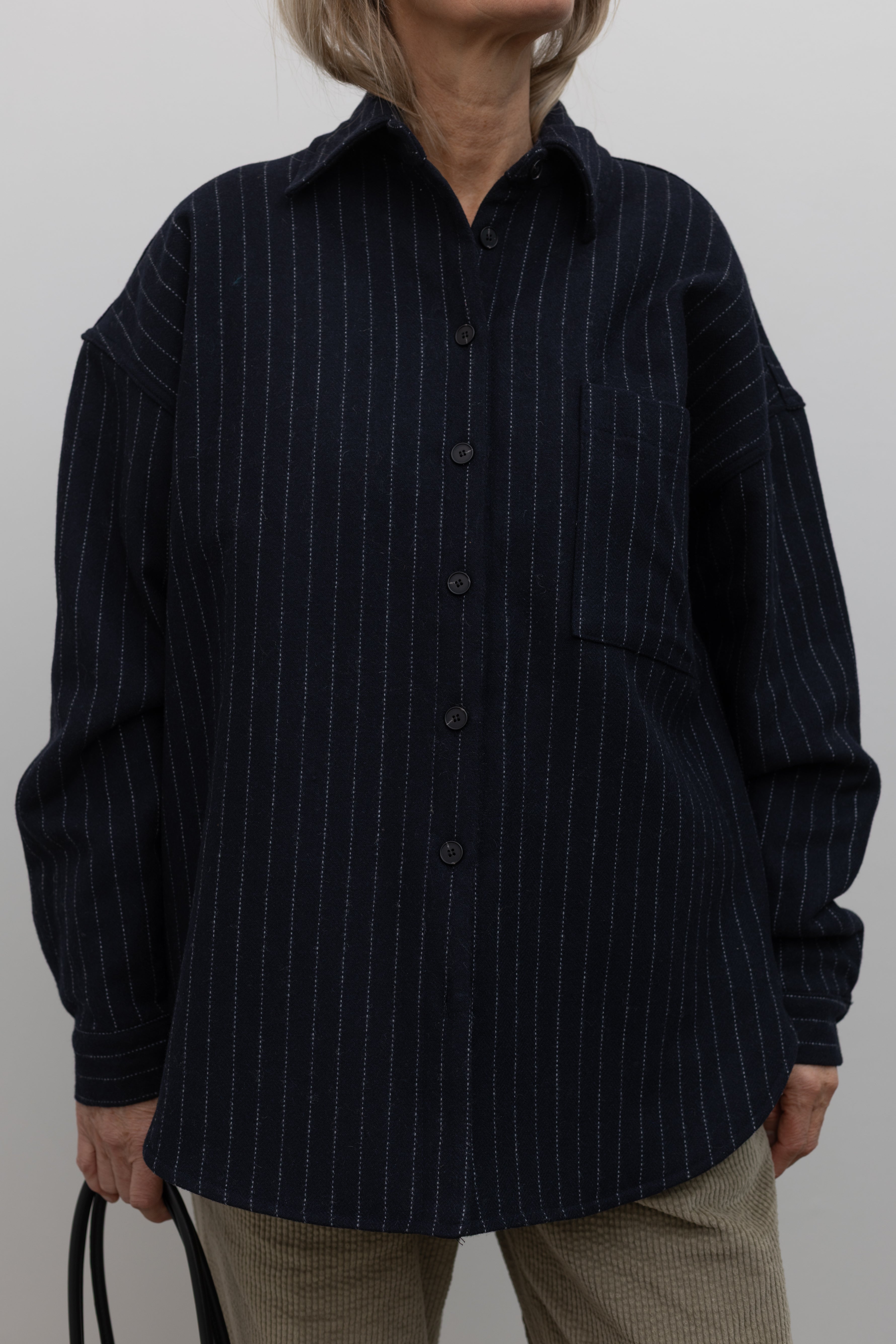 Navy Wool Stripe Quilted Oversized Jacket