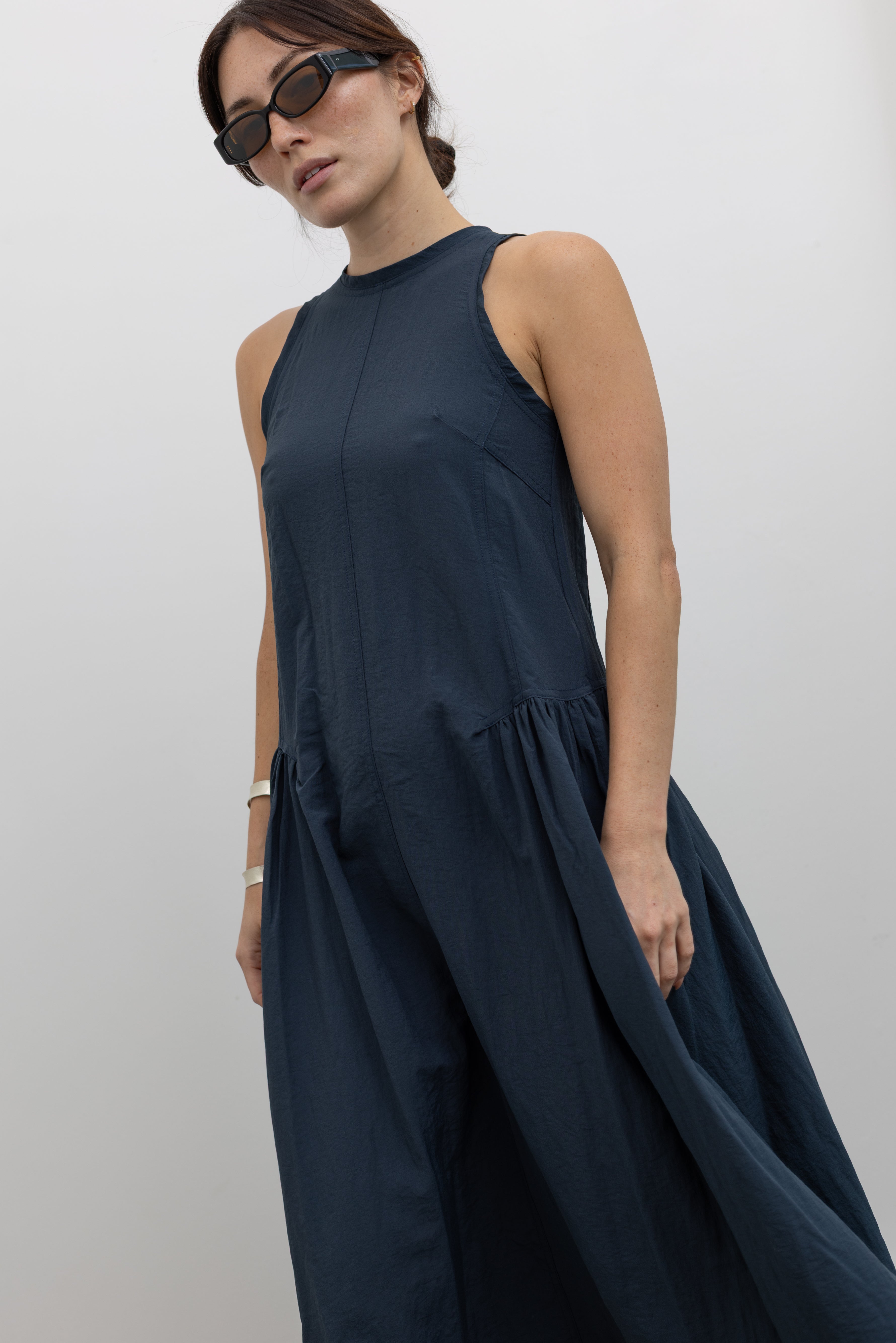 Collective cotton blend midi dress with architectural paneling and gathered skirt at Alas Eius