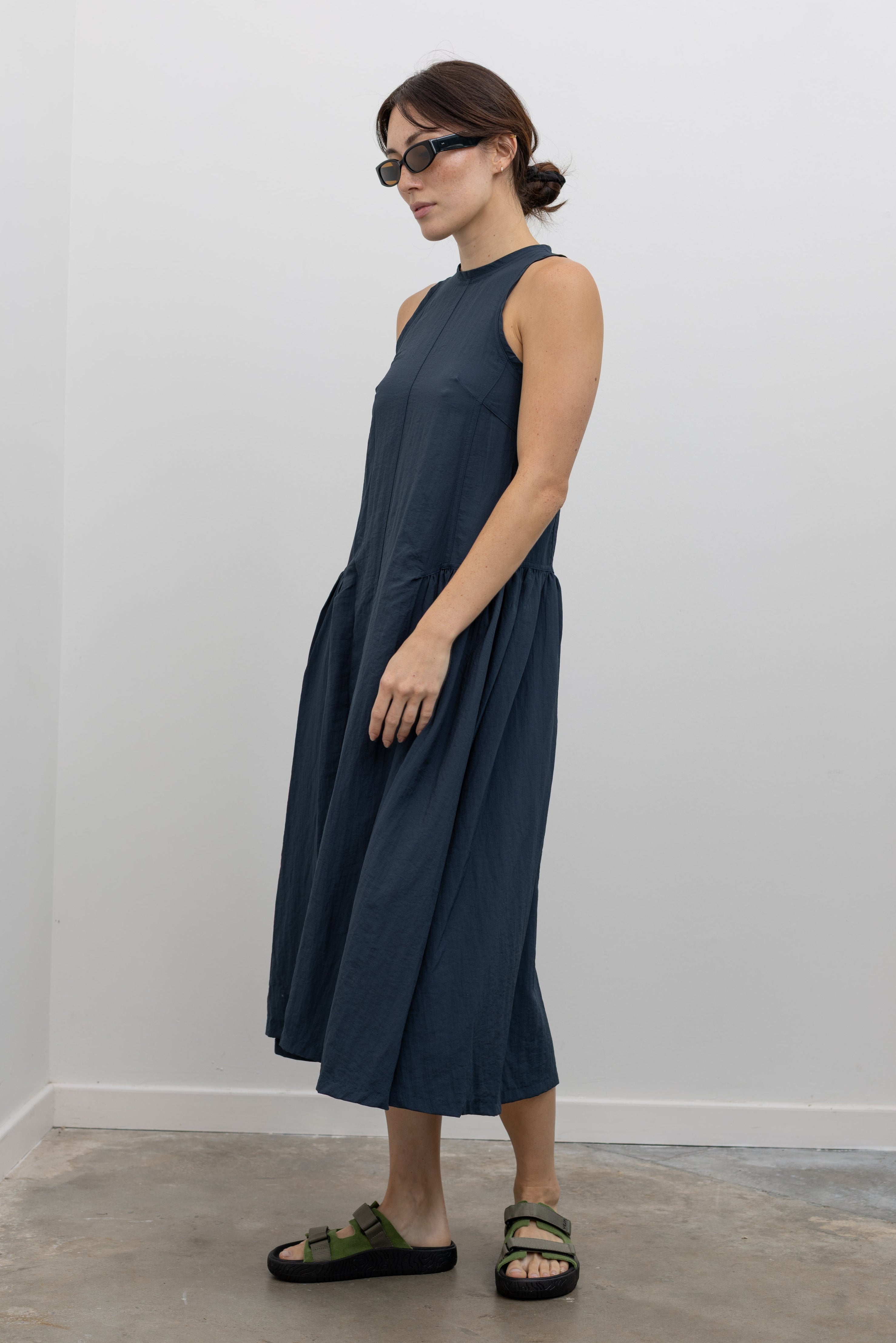 Collective gathered sleeveless midi dress with architectural shape for women at Alas Eius