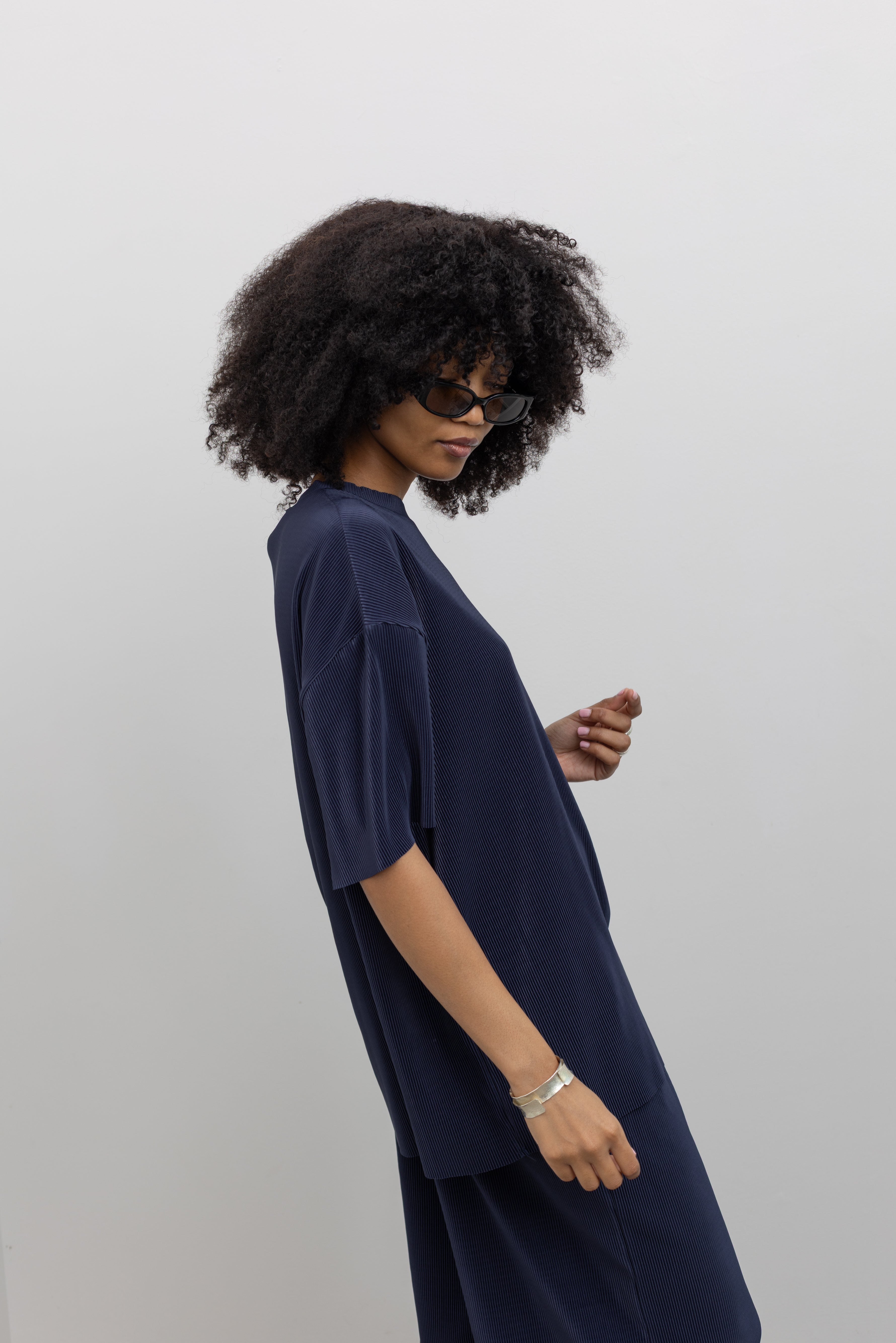 Collective navy ribbed oversized crew neck top with wide half sleeves at Alas Eius