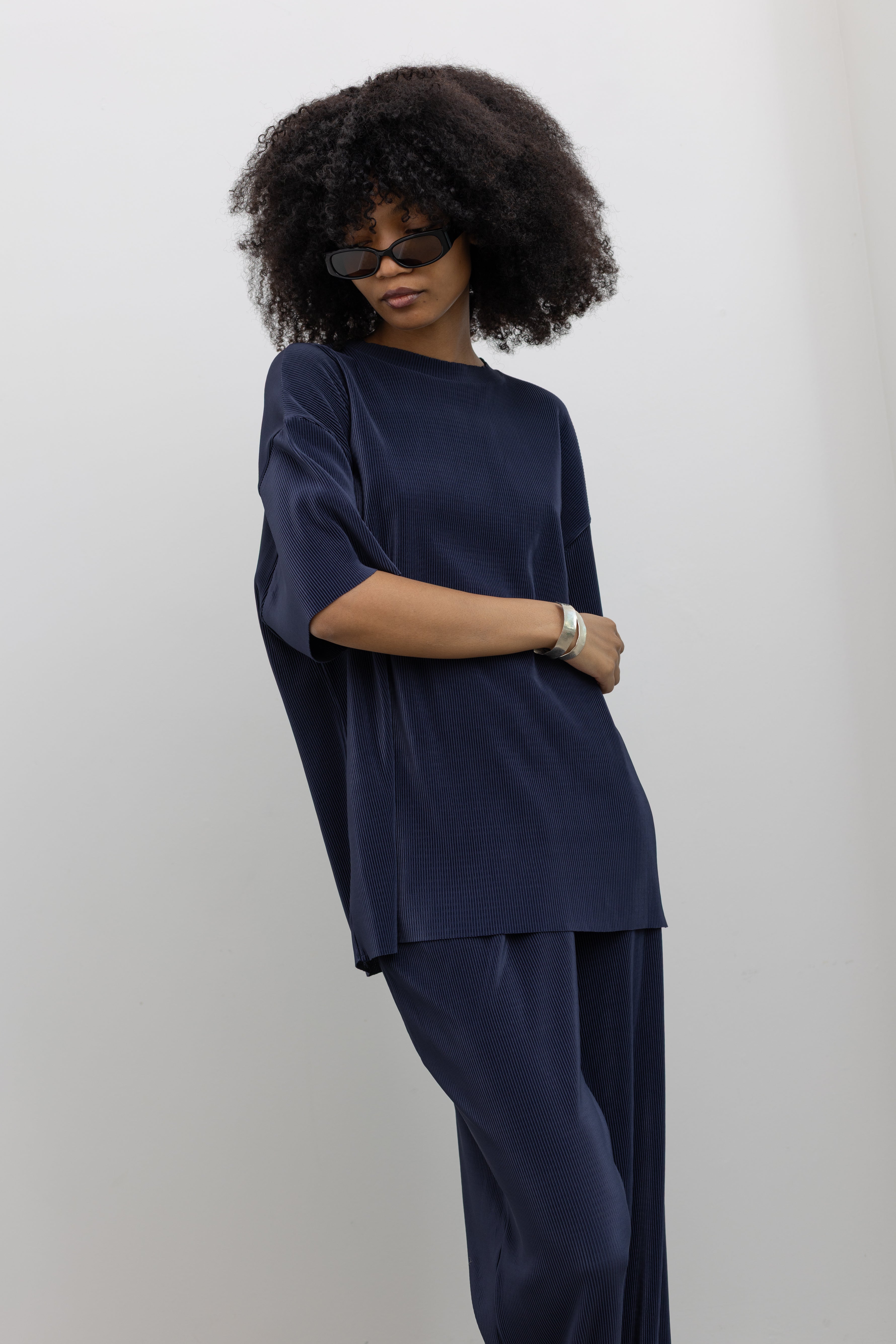 Collective relaxed dark navy textured tee with dropped shoulders for women at Alas Eius