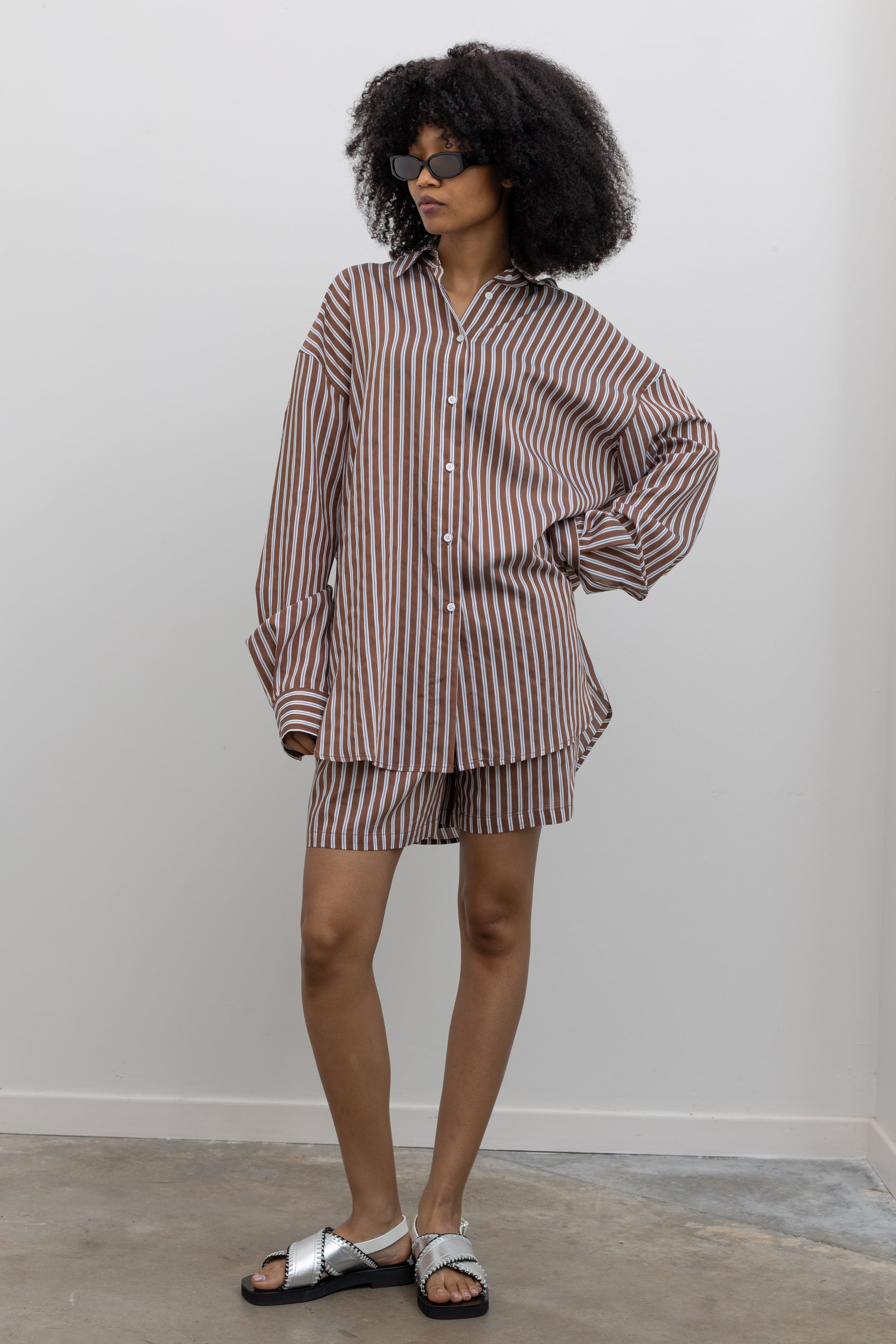 Collective relaxed pinstripe button-up shirt with dropped shoulders at Alas Eius