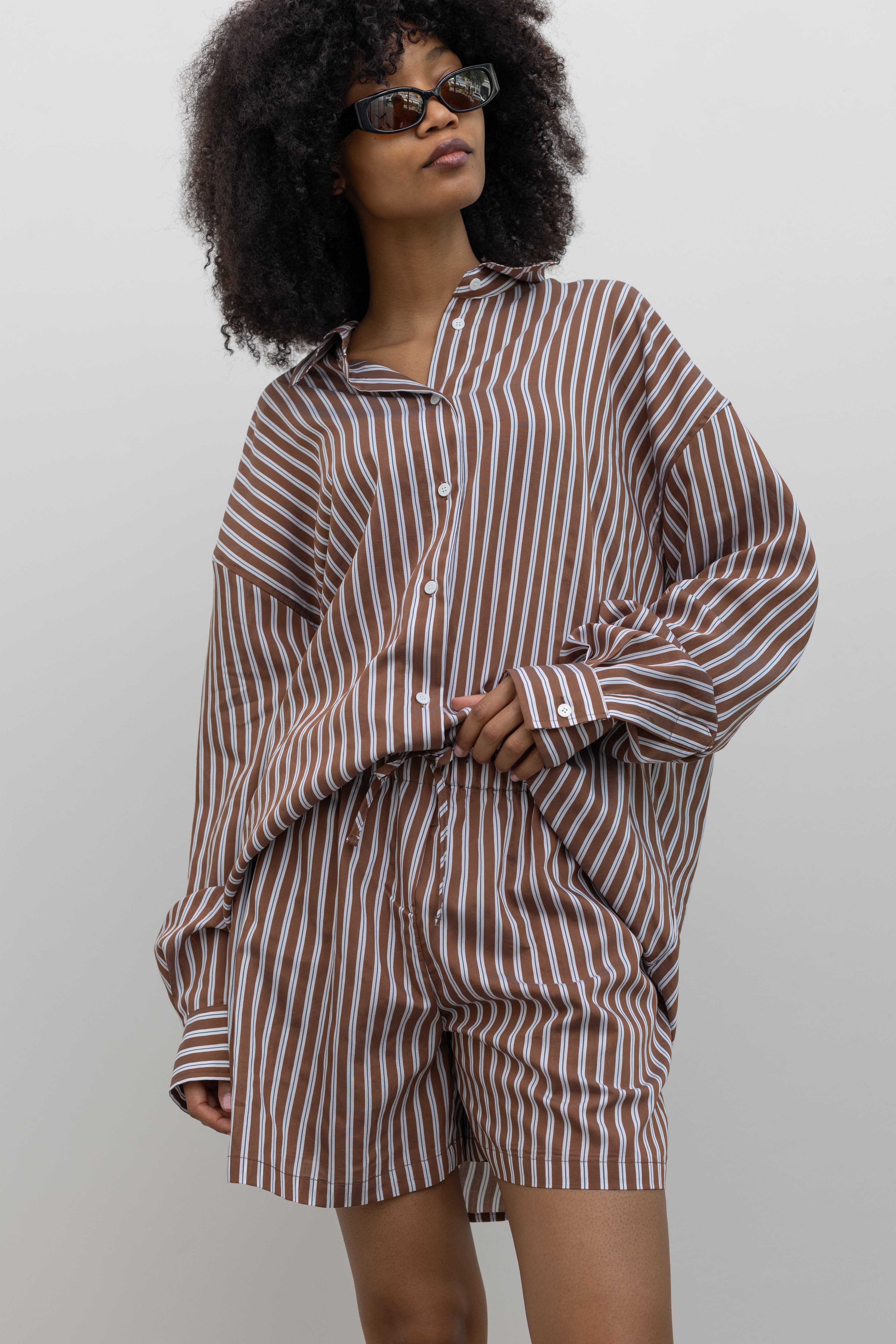 Collective relaxed pinstripe shorts with elastic drawstring waistband at Alas Eius