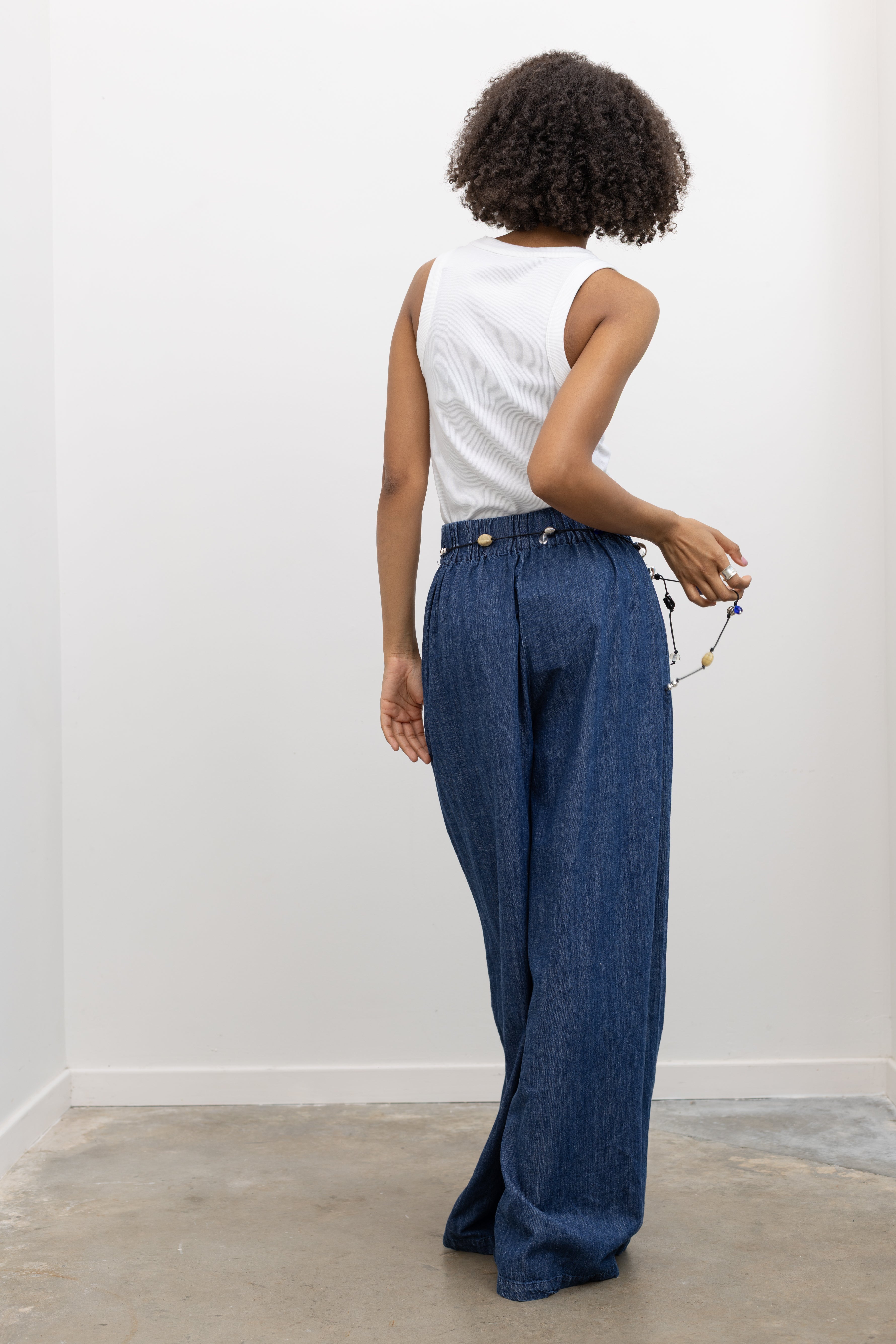 Collective Blue Denim High Waisted  Wide Leg Pull On Pant paired with Alas Eius Exclusive Logo Tank at Alas Eius.