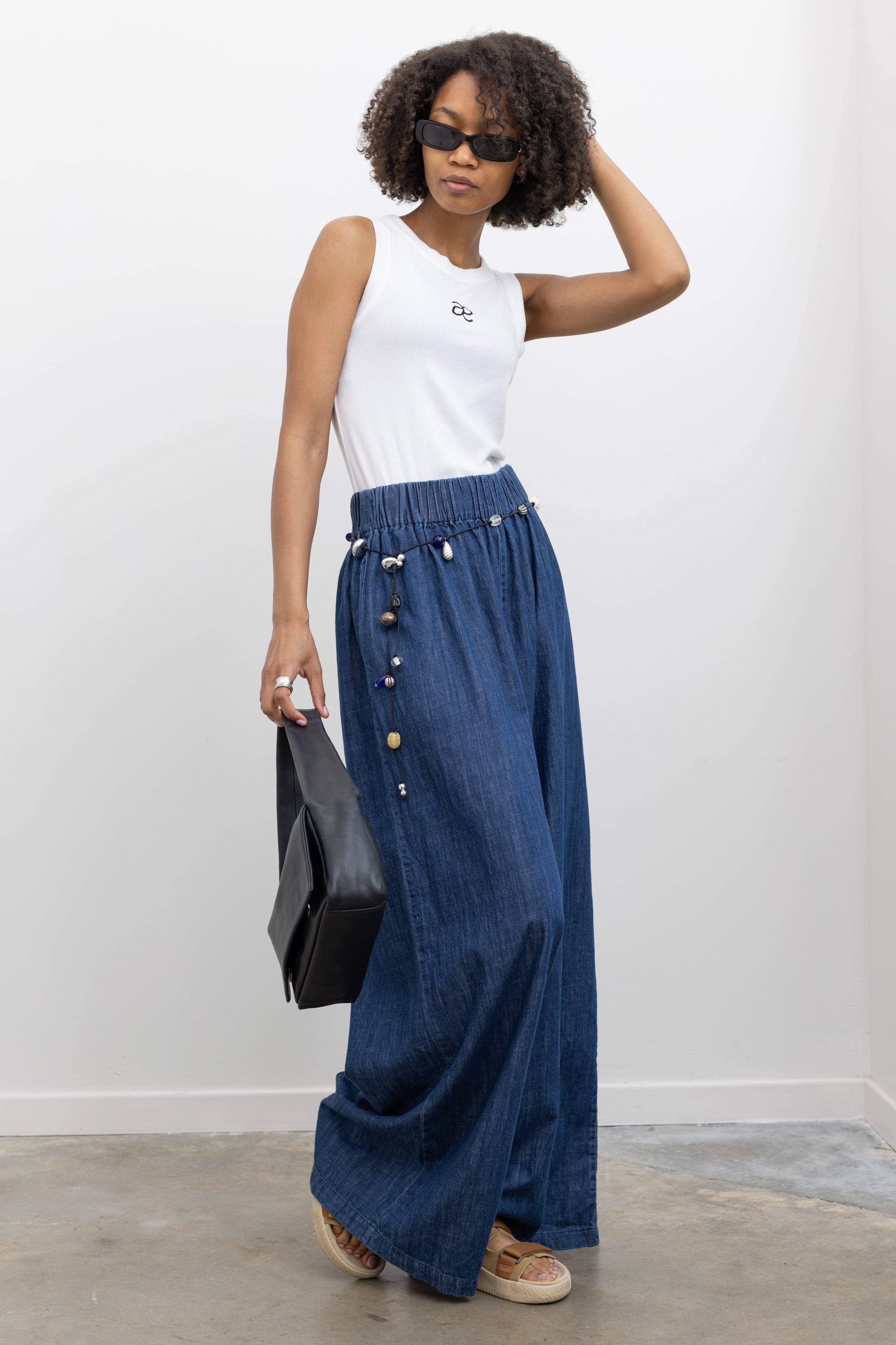 Collective Blue Denim High Waisted  Wide Leg Pull On Pant paired with Alas Eius Exclusive Logo Tank at Alas Eius.