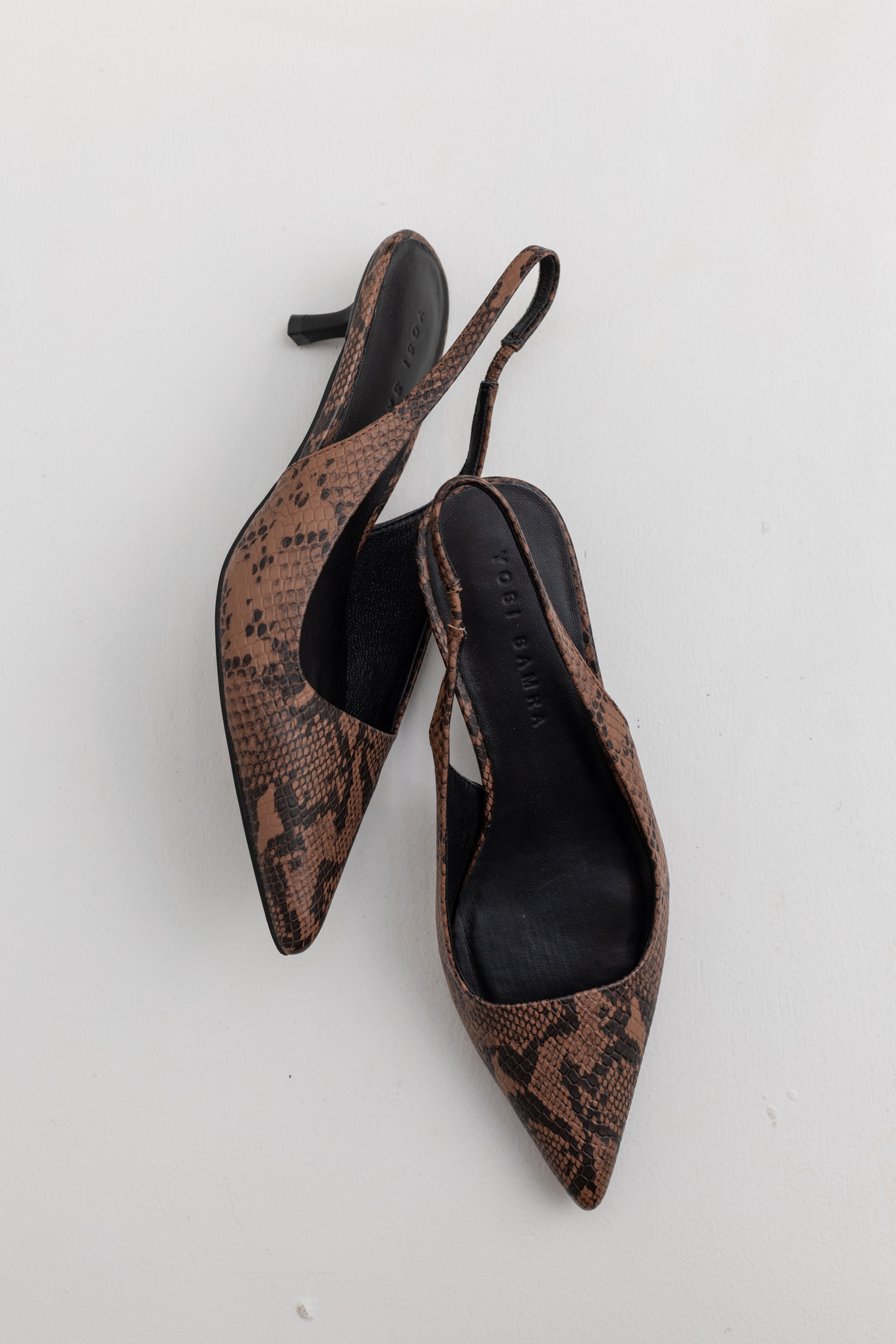 Capsule wardrobe staple Spring footwear fashion in a pair of Collective Label Delilah Brown Snake Skin Print Leather slingback Kitten Heels with a pointed toe at Alas Eius
