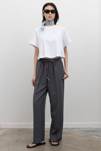 Charcoal Pinstripe Wide Leg Drawstring Pants