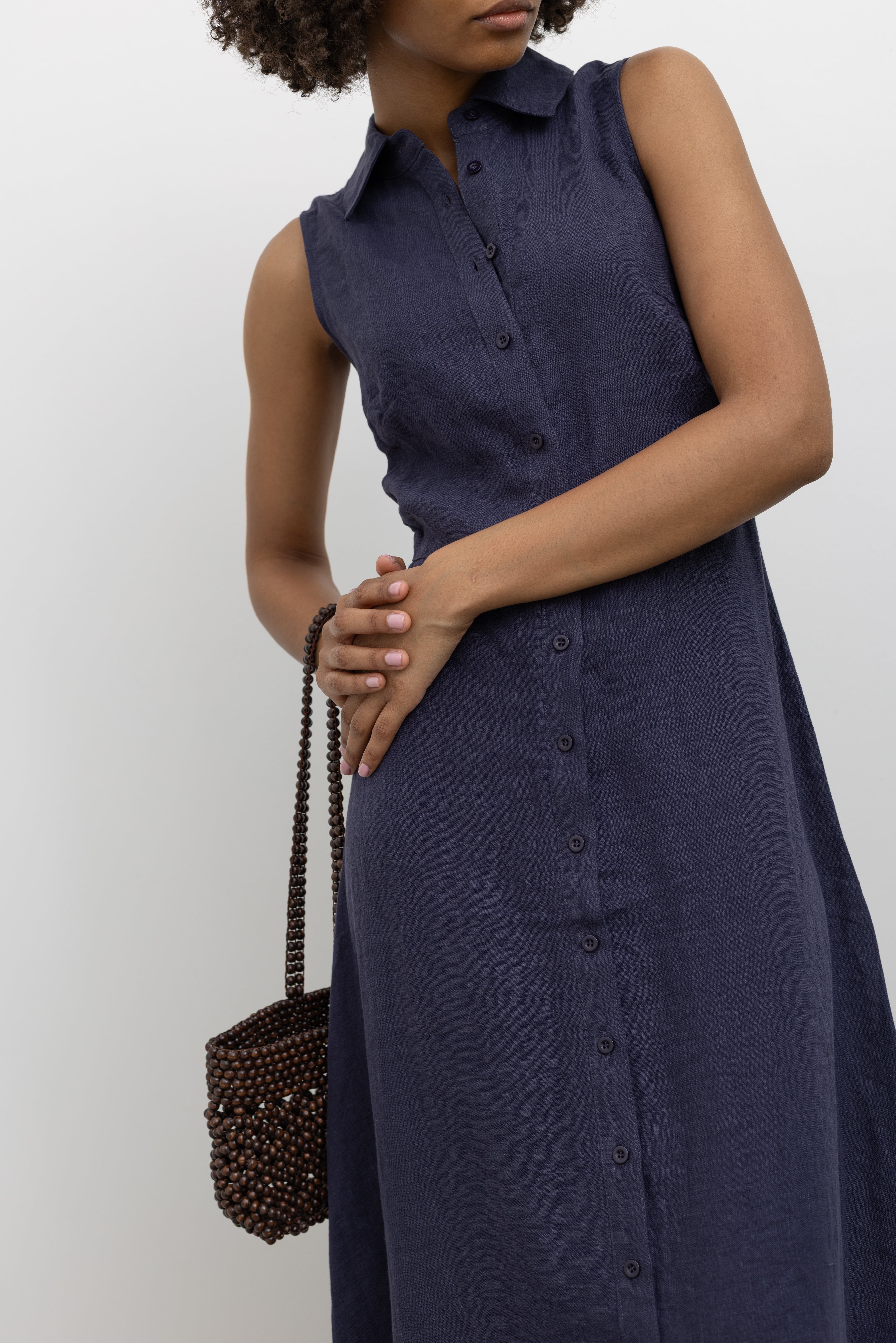 Collective navy blue linen button front collared midi length shirt dress for elevated summer styling at Alas Eius