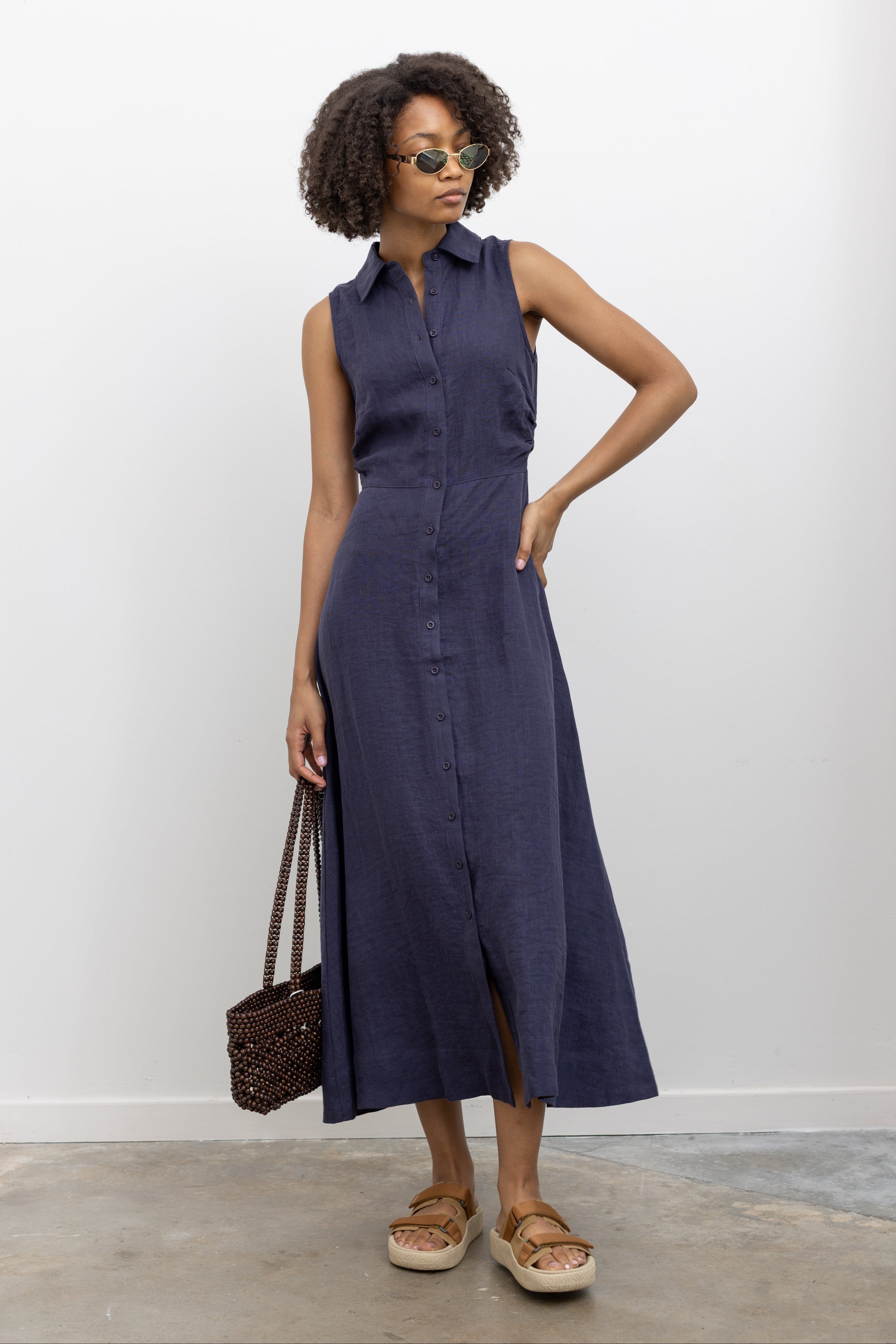 Collective Navy Blue Linen Sleeveless Midi Length Collared Shirt Dress at Alas Eius
