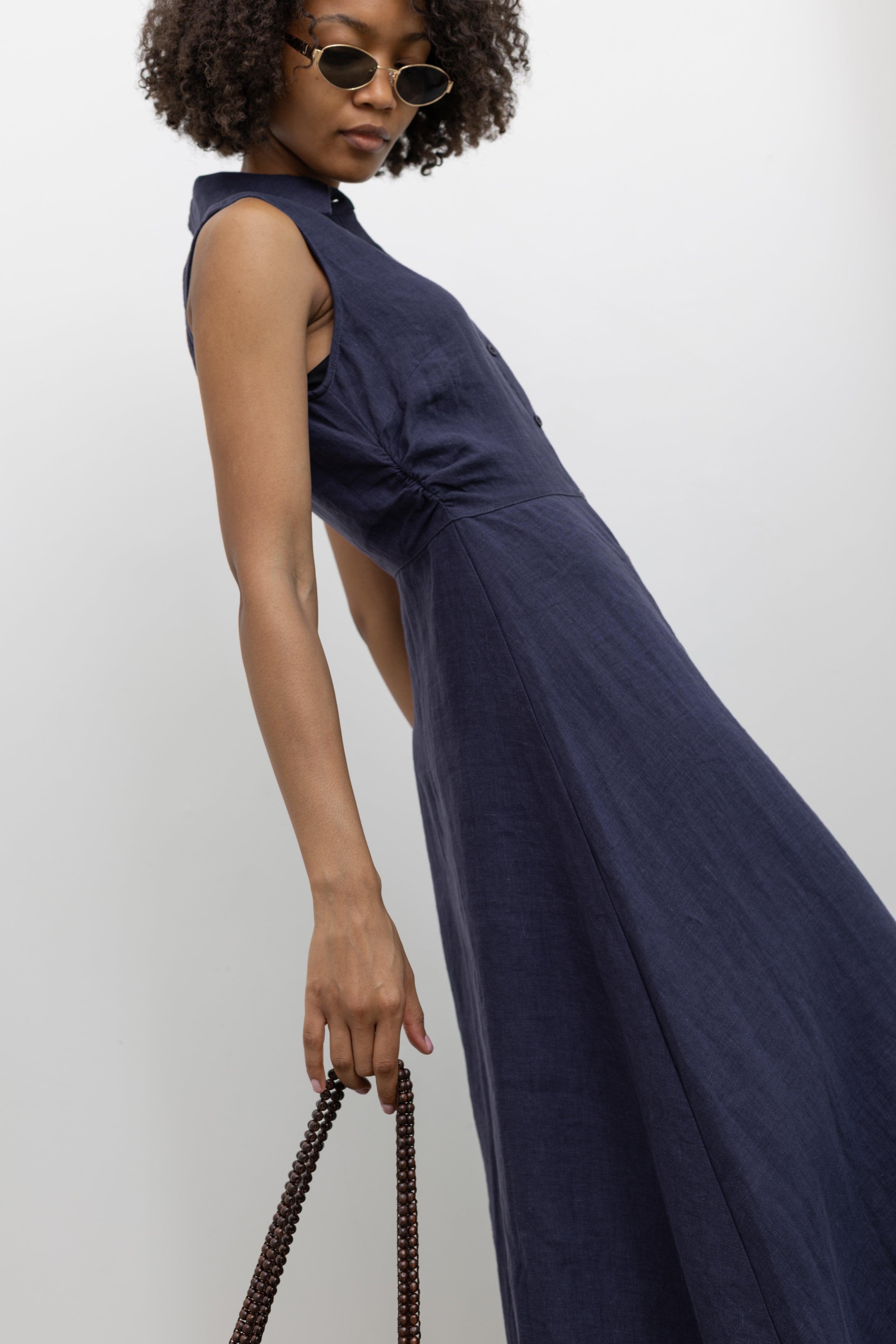Collective Navy Blue Linen Sleeveless Midi Length Shirt Dress at Alas Eius
