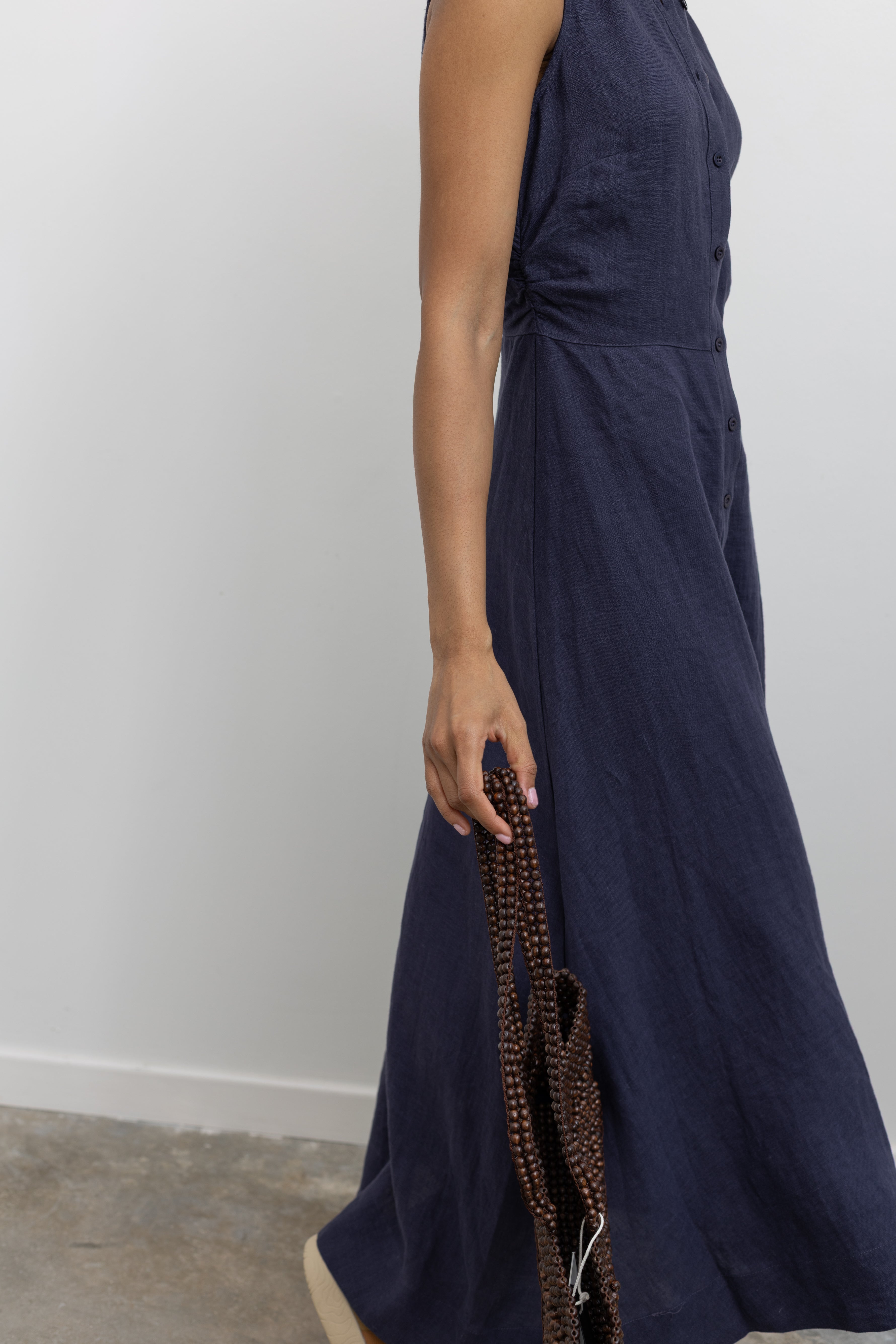 Collective summer fashion in a Navy Blue Linen Collared Maxi Shirt Dress at Alas Eius