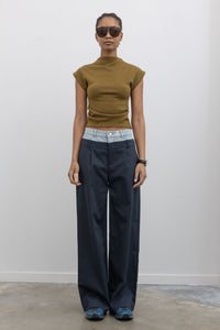 Navy Denim Waistband Layered Trousers