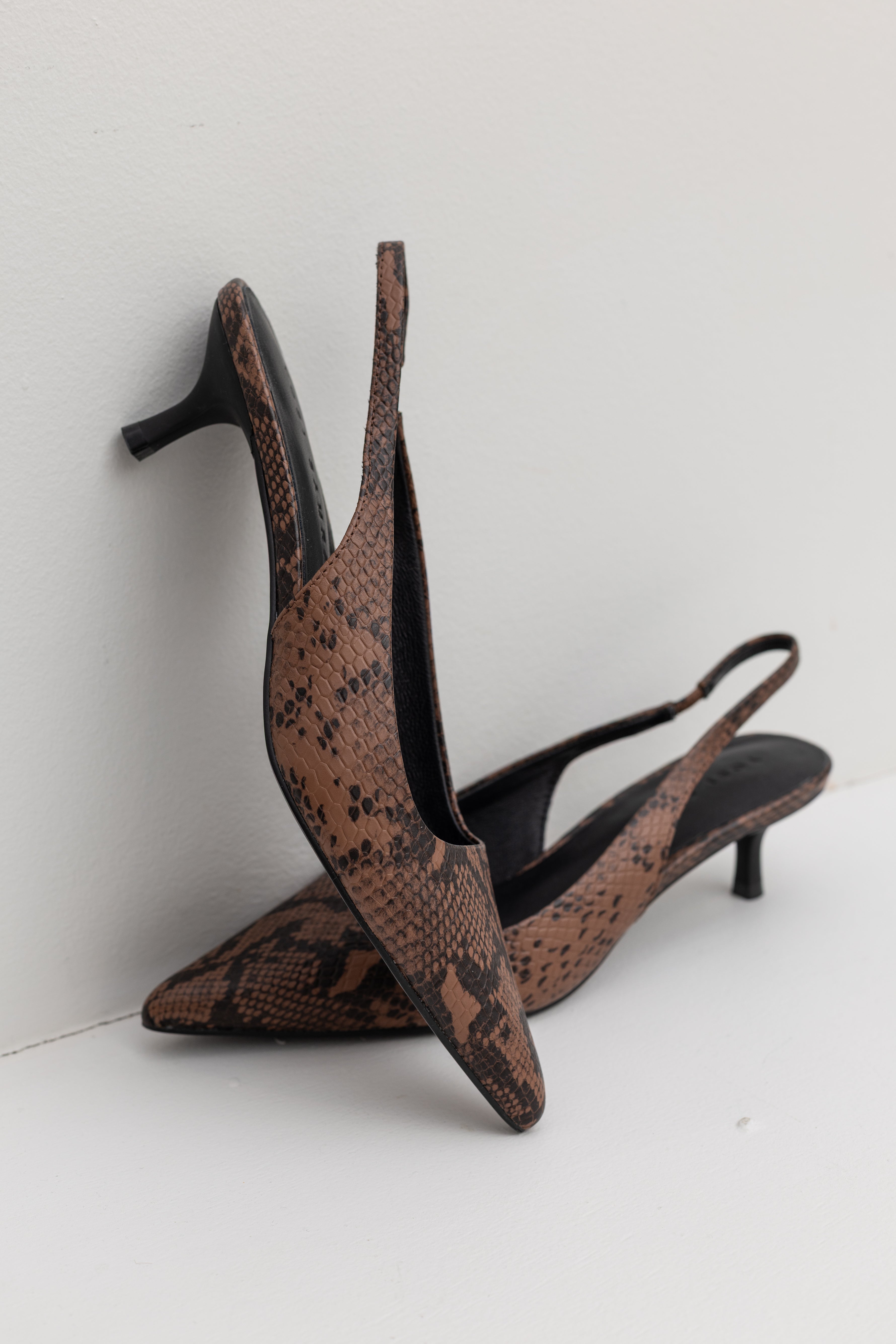 Sophisticated Spring footwear fashion in a pair of Collective Label Delilah Brown Snake Skin Print Leather slingback Kitten Heels with a pointed toe at Alas Eius