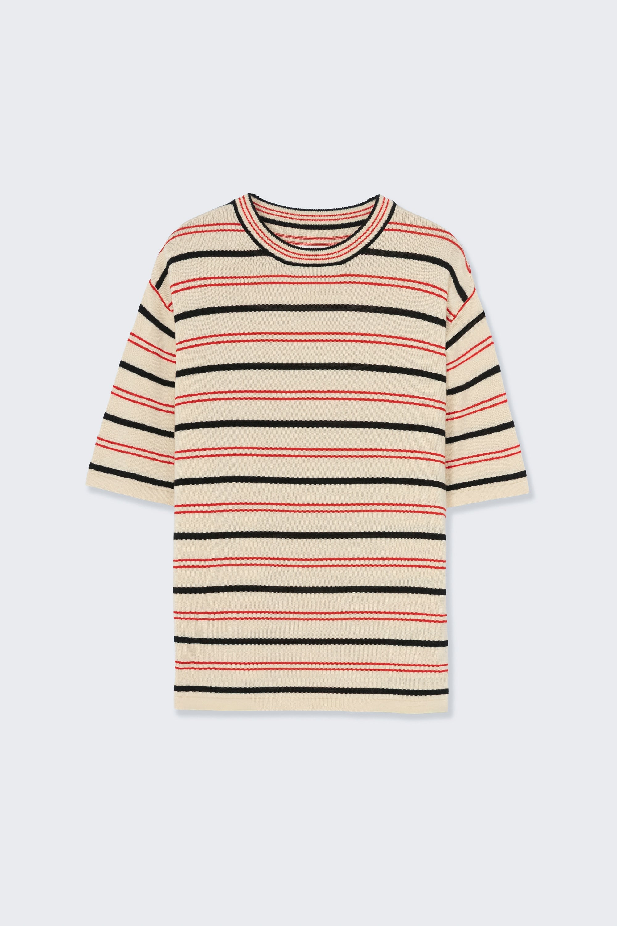 Front product view of an elevated spring and summer wardrobe essential in a Cordera organic cotton striped oversized t-shirt featuring a classic crew neck and stripes in varying widths, combining bold red and black on an elegant ecru background. Available at Alas Eius. Made in Spain. 