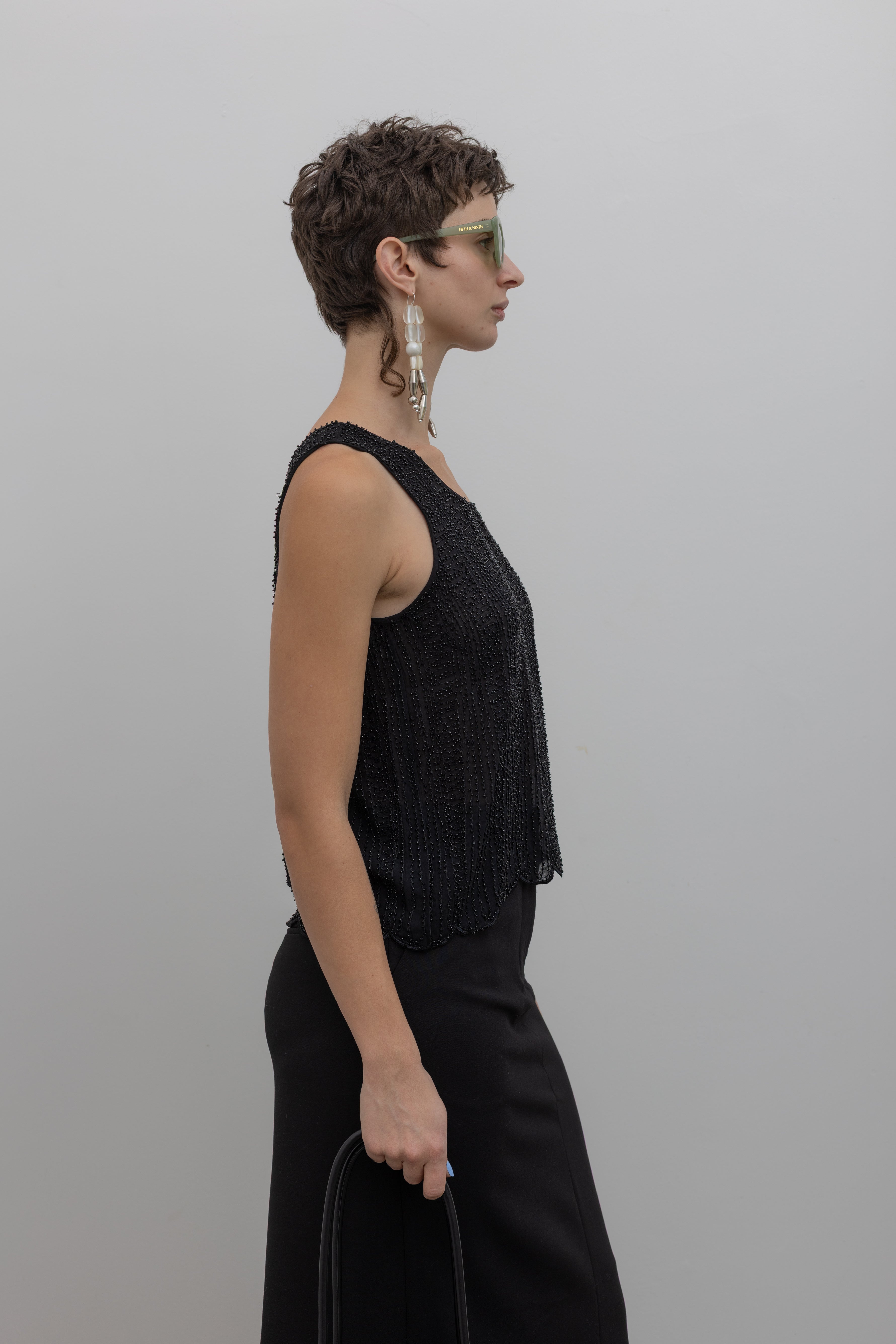 Black Beaded Scallop Hem Top