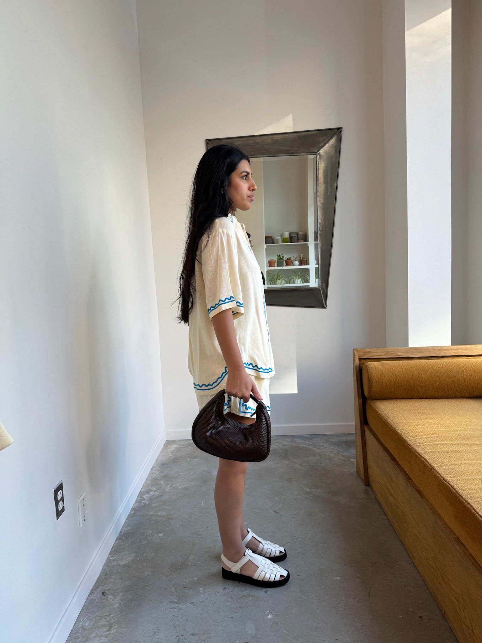 Linen And Blue Embroidered Collared Top