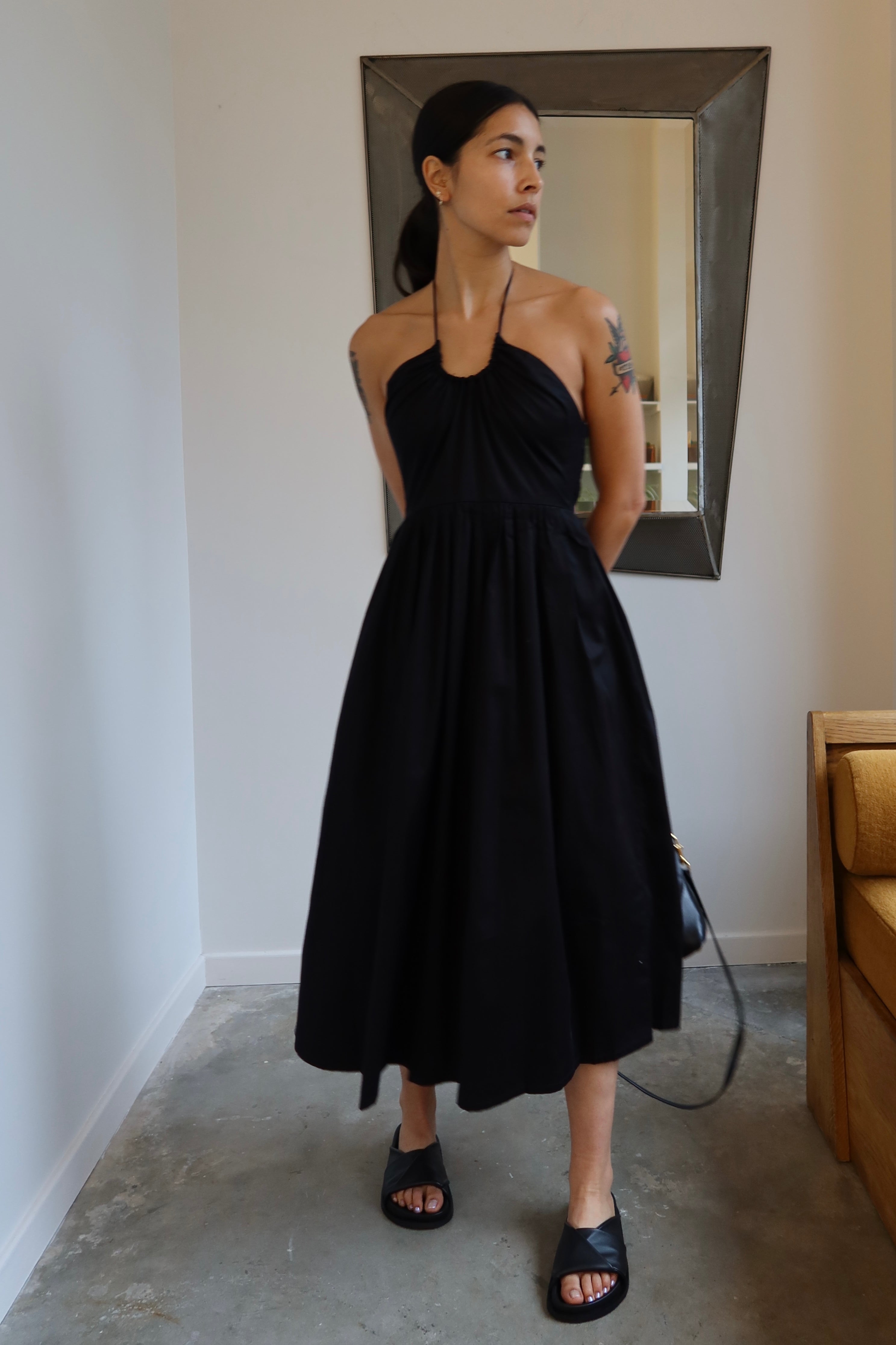 Black Organic Cotton Halter Midi Dress