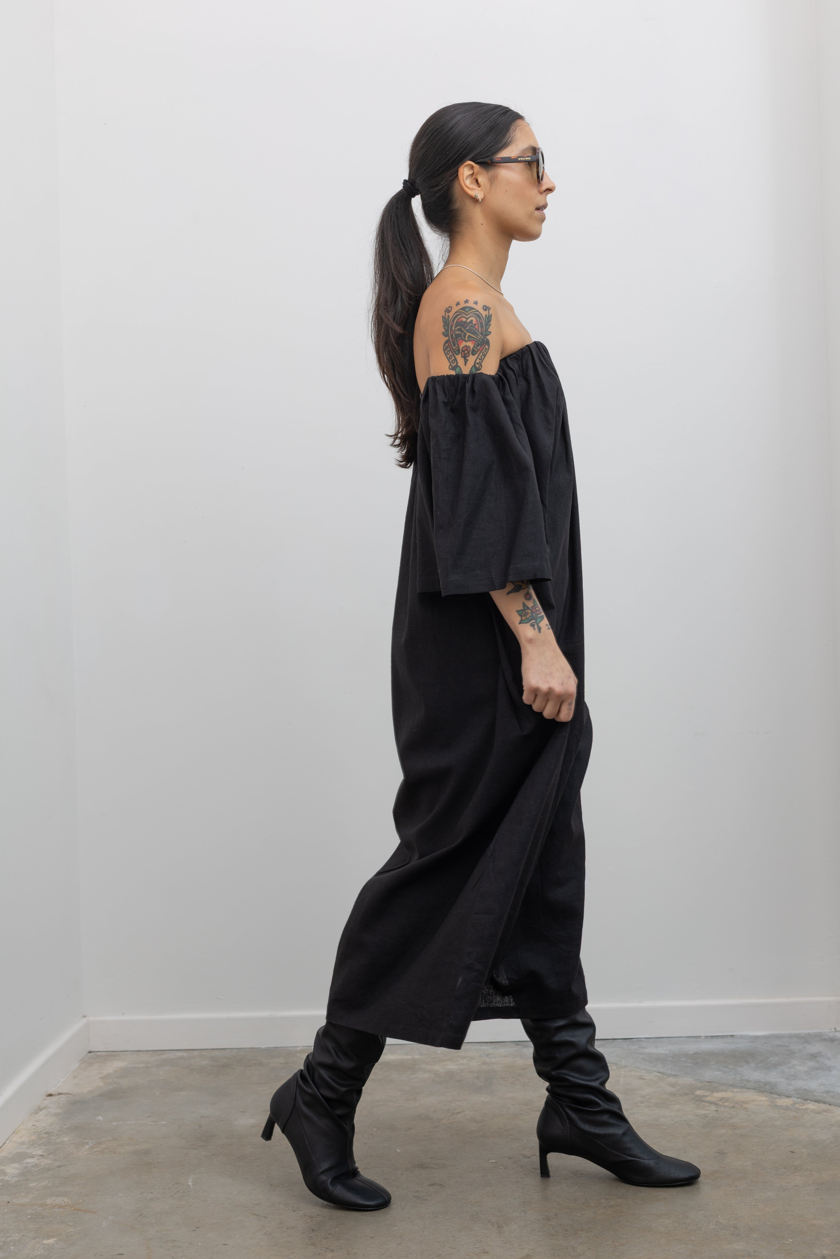 Black Linen Off The Shoulder Midi Dress