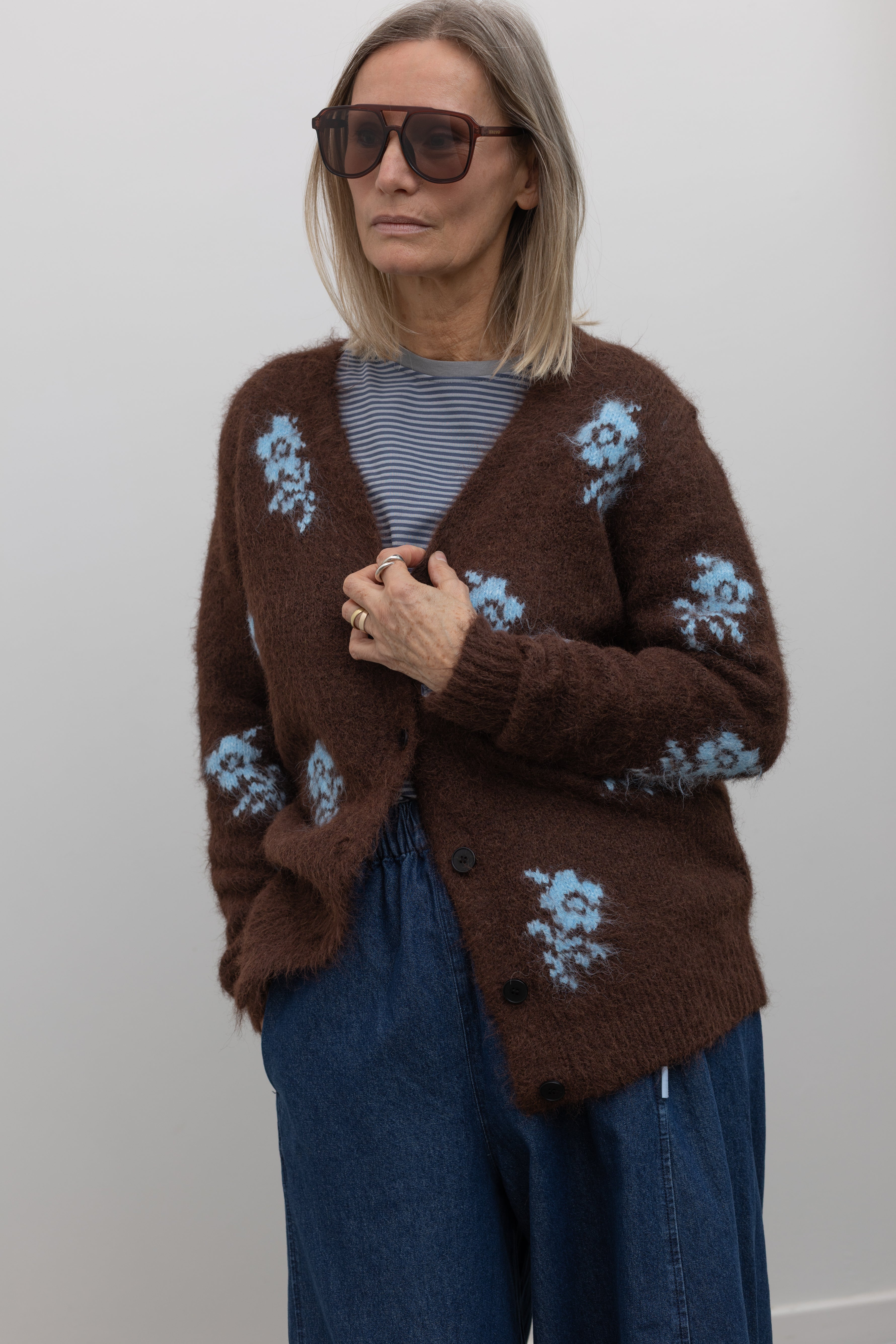 Dark Brown Floral Knit Cardigan