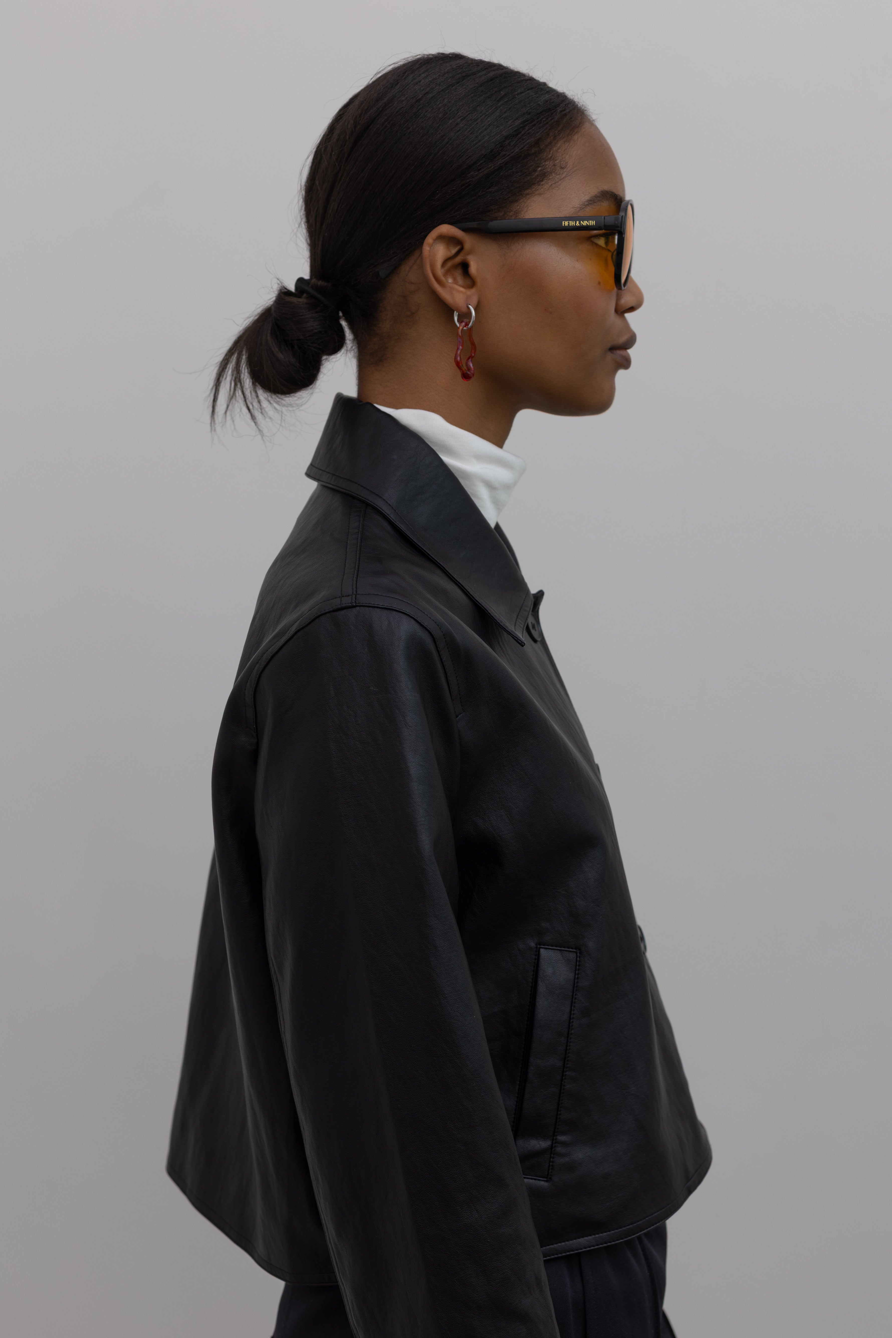 Black Cropped Vegan Leather Collared Jacket