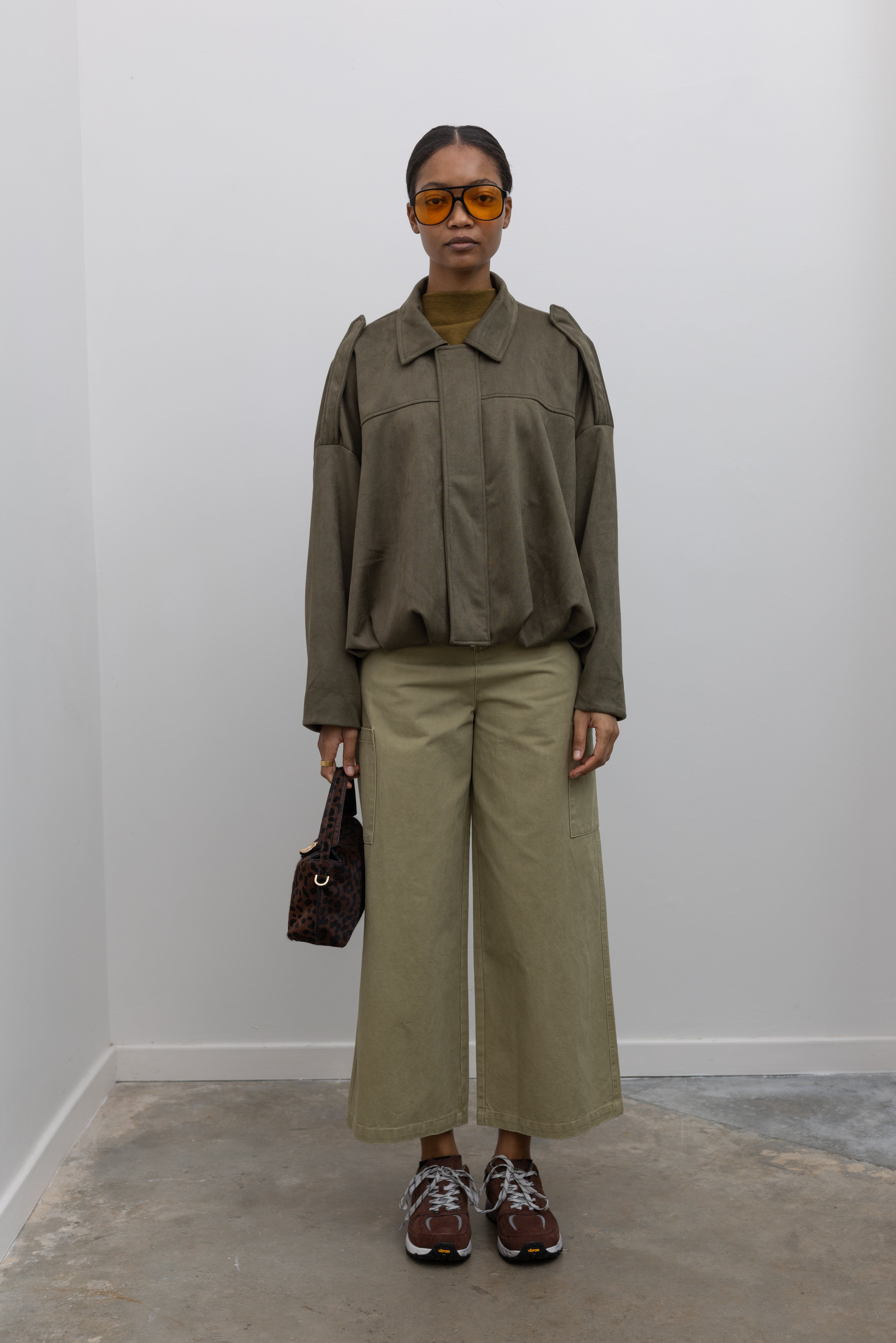 Olive Green Suede Rounded Bomber Jacket