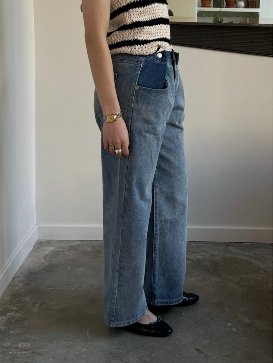 Medium Wash Color Block Button Waist Denim Pants