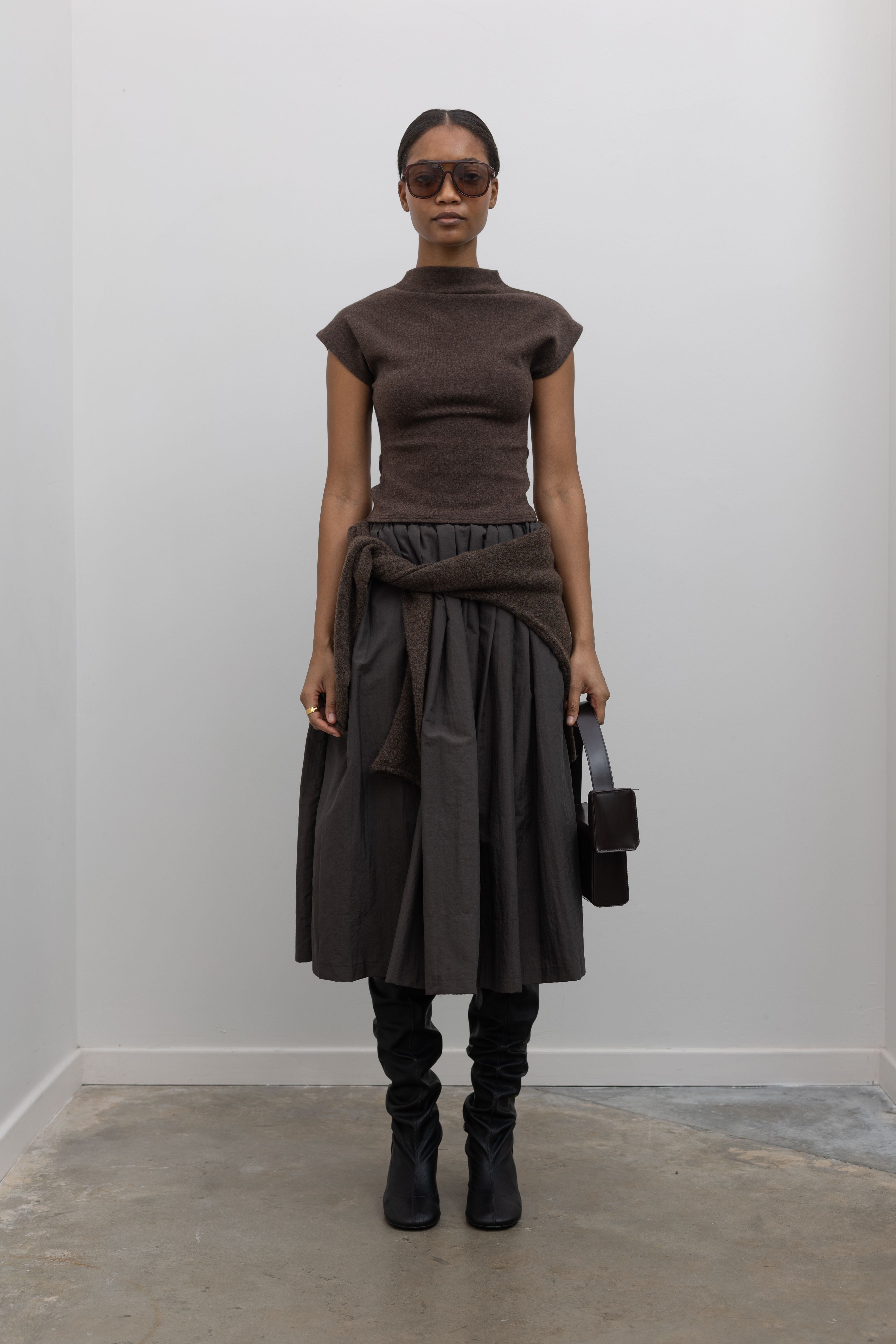 Brown Mock Neck Fitted Knit Top